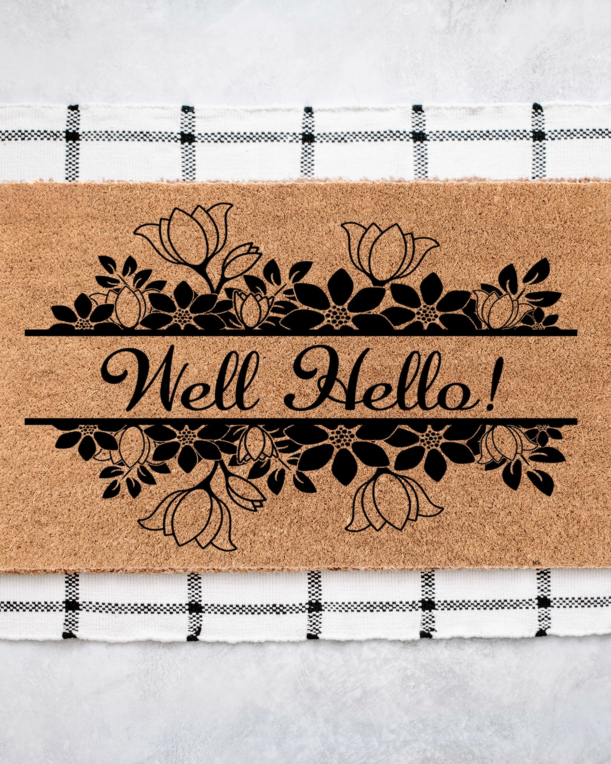 Well Hello Floral Frame Coir Doormat Door Mats