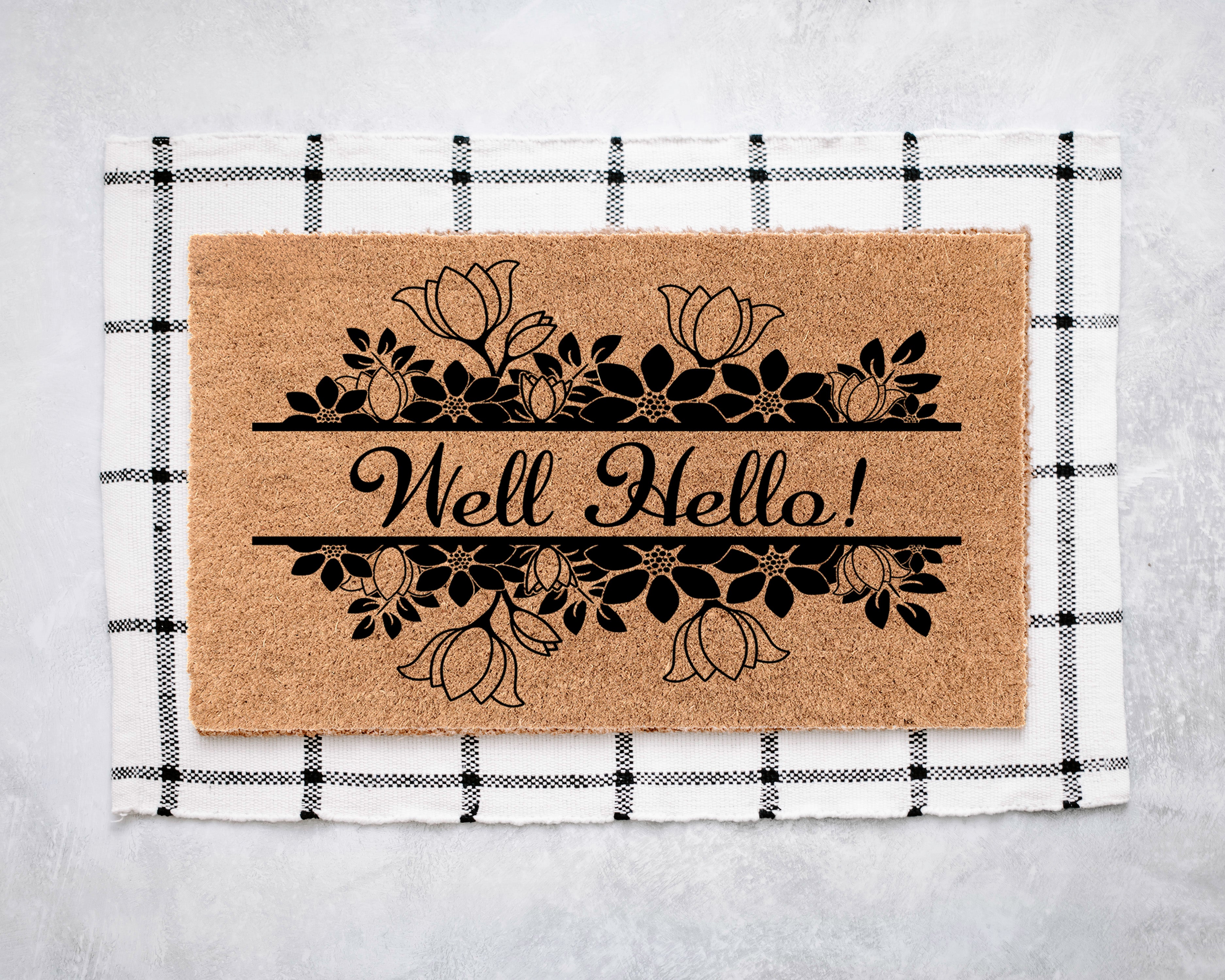 Well Hello Floral Frame Coir Doormat Door Mats