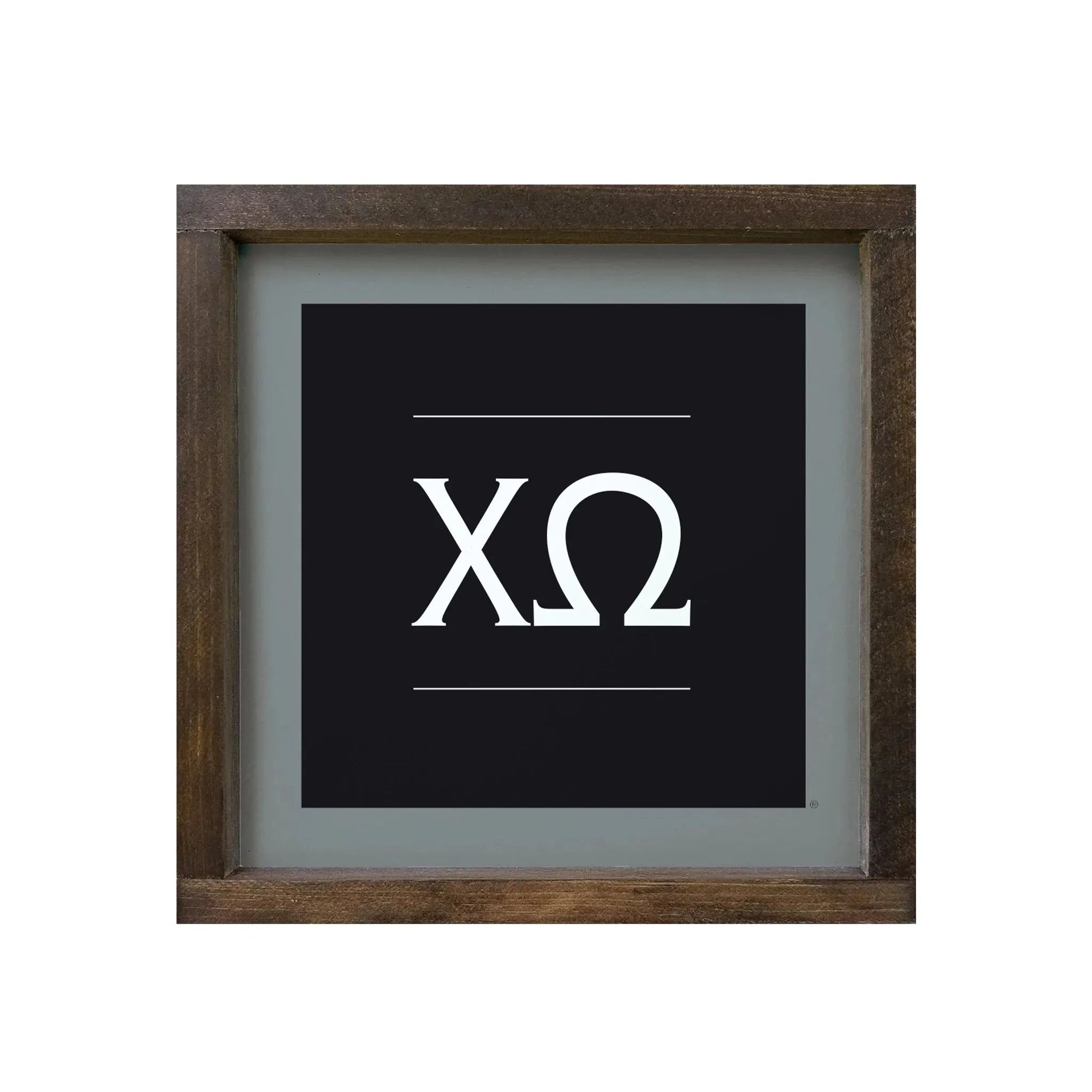 Chi Omega 12x12 Traditional Wood Framed Sign - Greek Letters - Black/ Gray Walnut Stain Wall Art & Signs