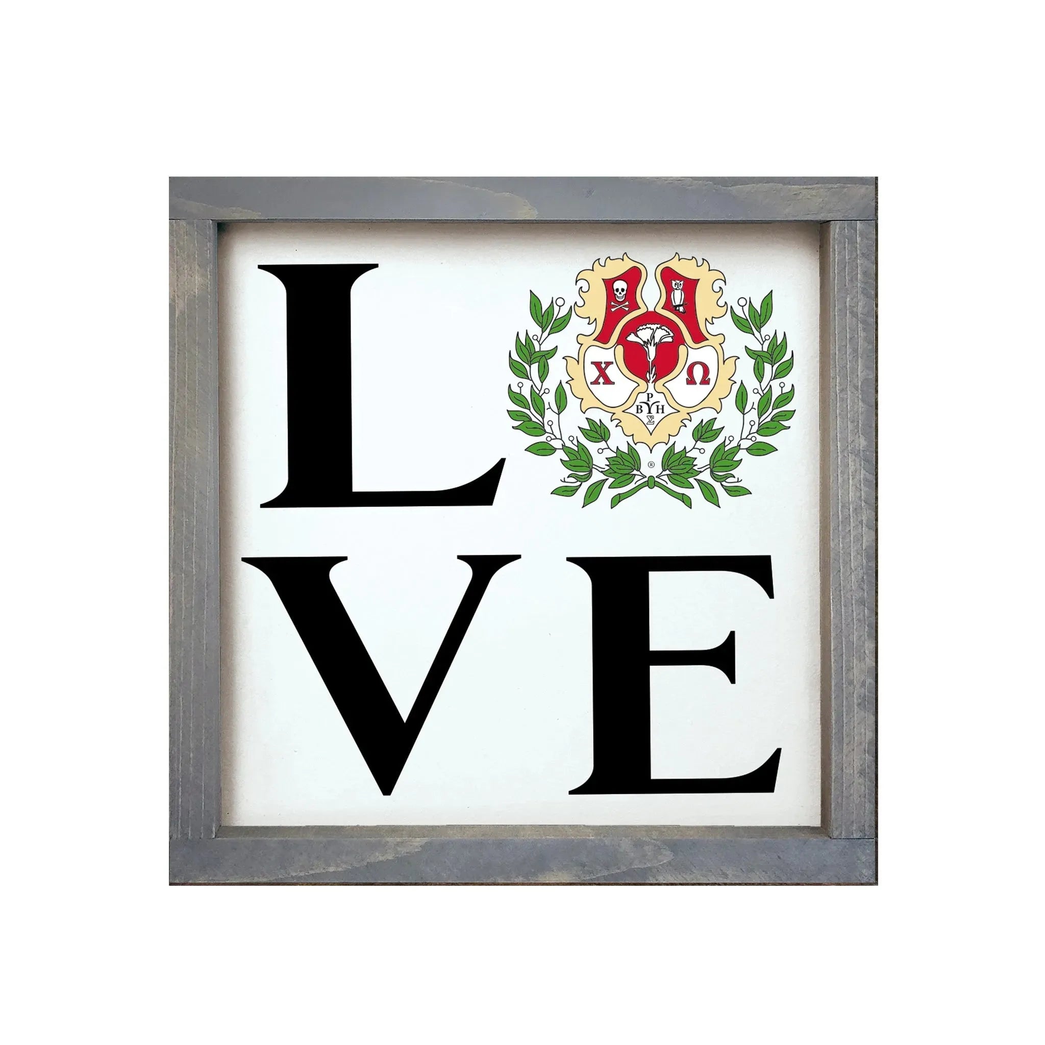 Chi Omega 12x12 "LOVE" Wood Framed Sign - Coat of Arms Weathered Gray Wall Art & Signs