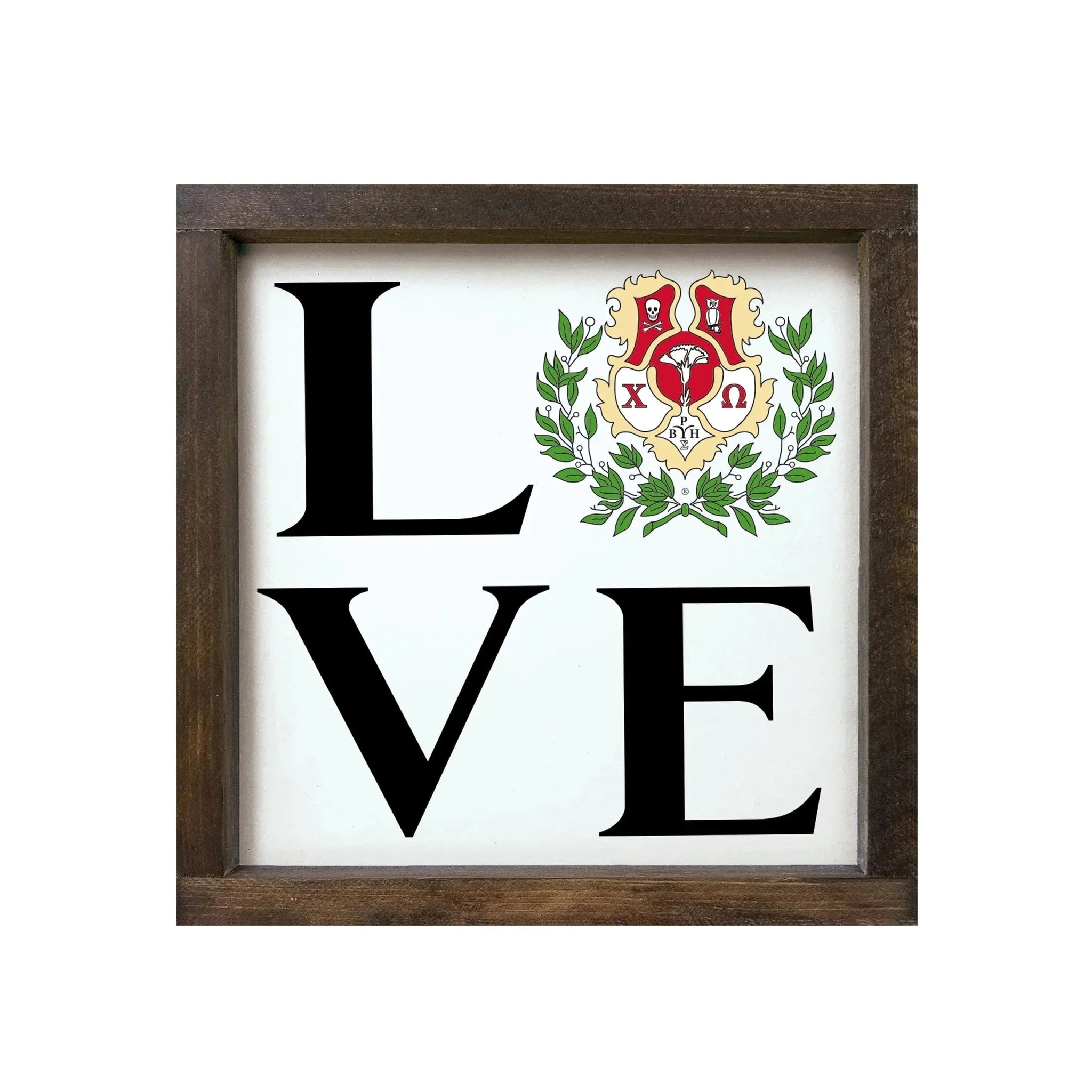 Chi Omega 12x12 "LOVE" Wood Framed Sign - Coat of Arms Walnut Stain Wall Art & Signs