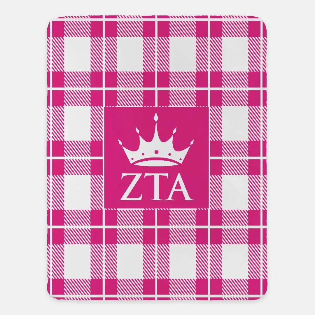 Zeta Tau Alpha XL 60x80 Sherpa Blanket - Plaid Pink Throw Blankets