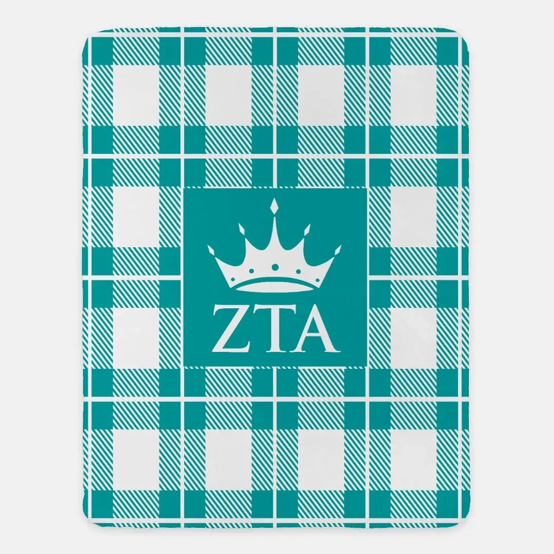 Zeta Tau Alpha XL 60x80 Sherpa Blanket - Plaid Turquoise Throw Blankets