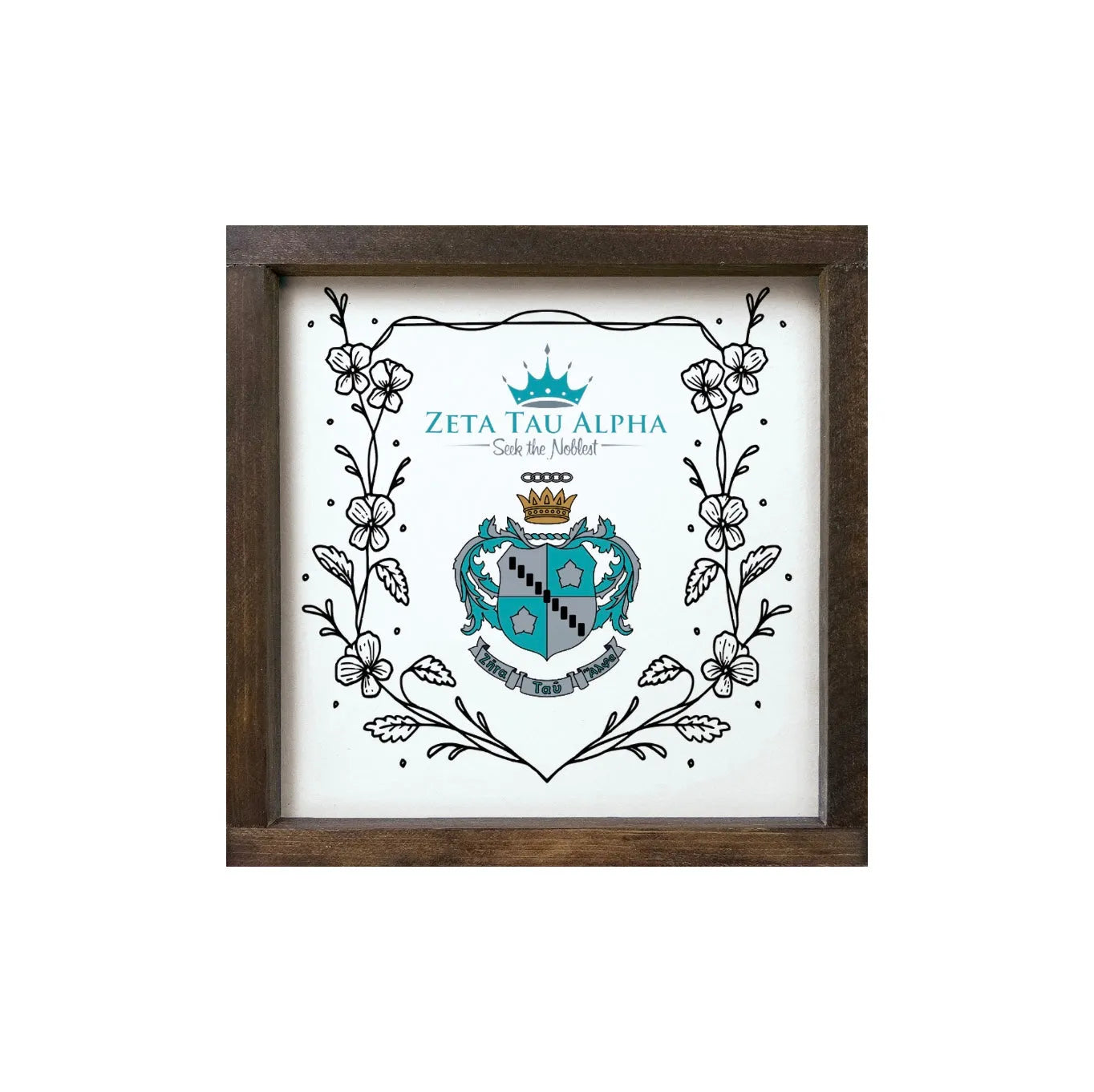 Zeta Tau Alpha 12x12 Wood Framed Sign - Violet Frame Walnut Stain Wall Art & Signs