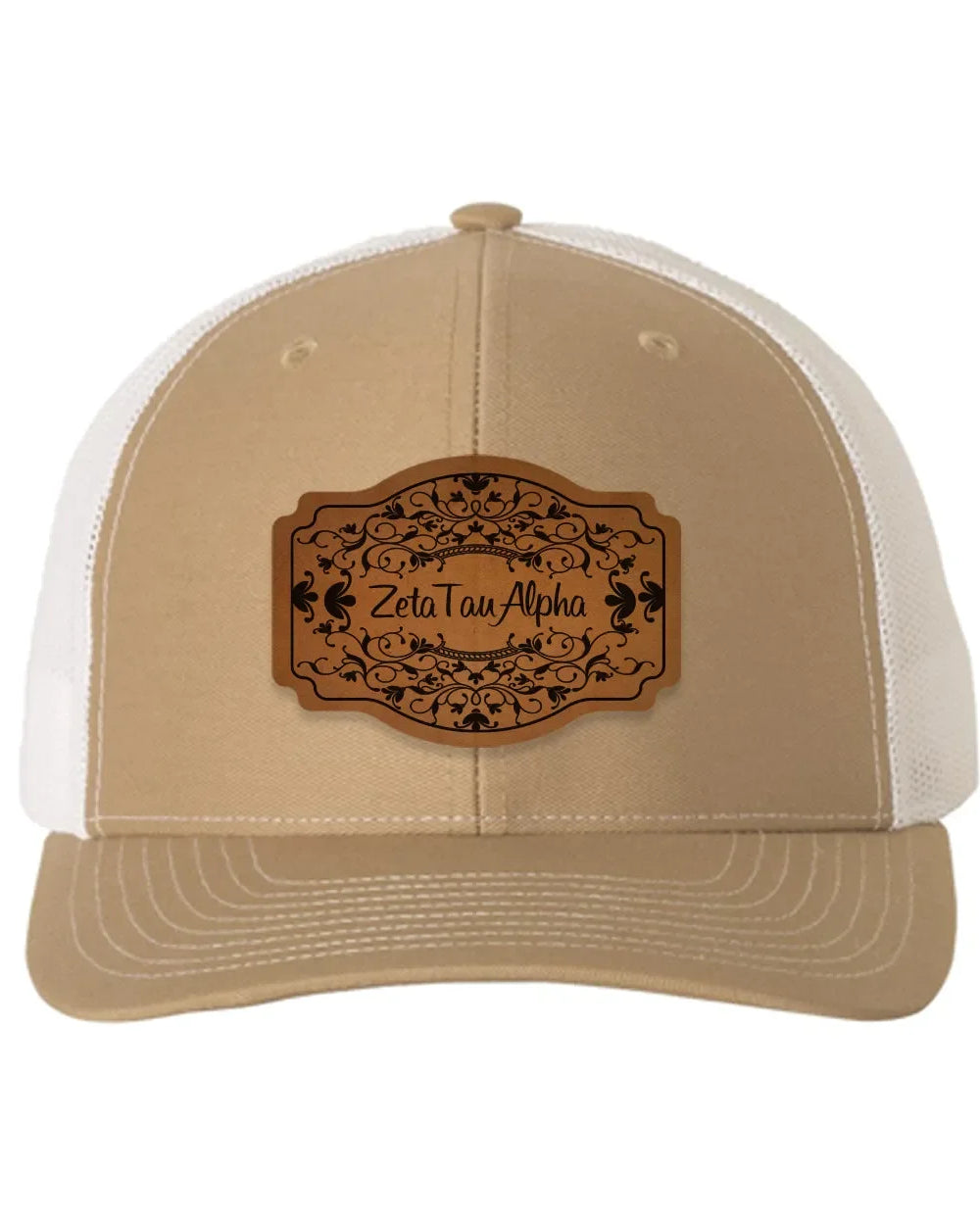 Zeta Tau Alpha Richardson 112 Leatherette Patch Trucker Hat - Scroll Khaki White Trucker Hat