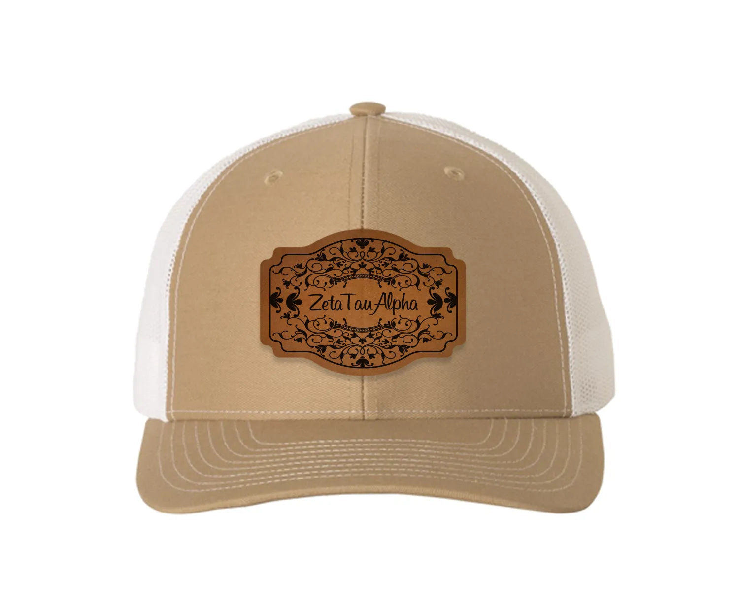 Zeta Tau Alpha Richardson 112 Leatherette Patch Trucker Hat - Scroll Khaki White Trucker Hat