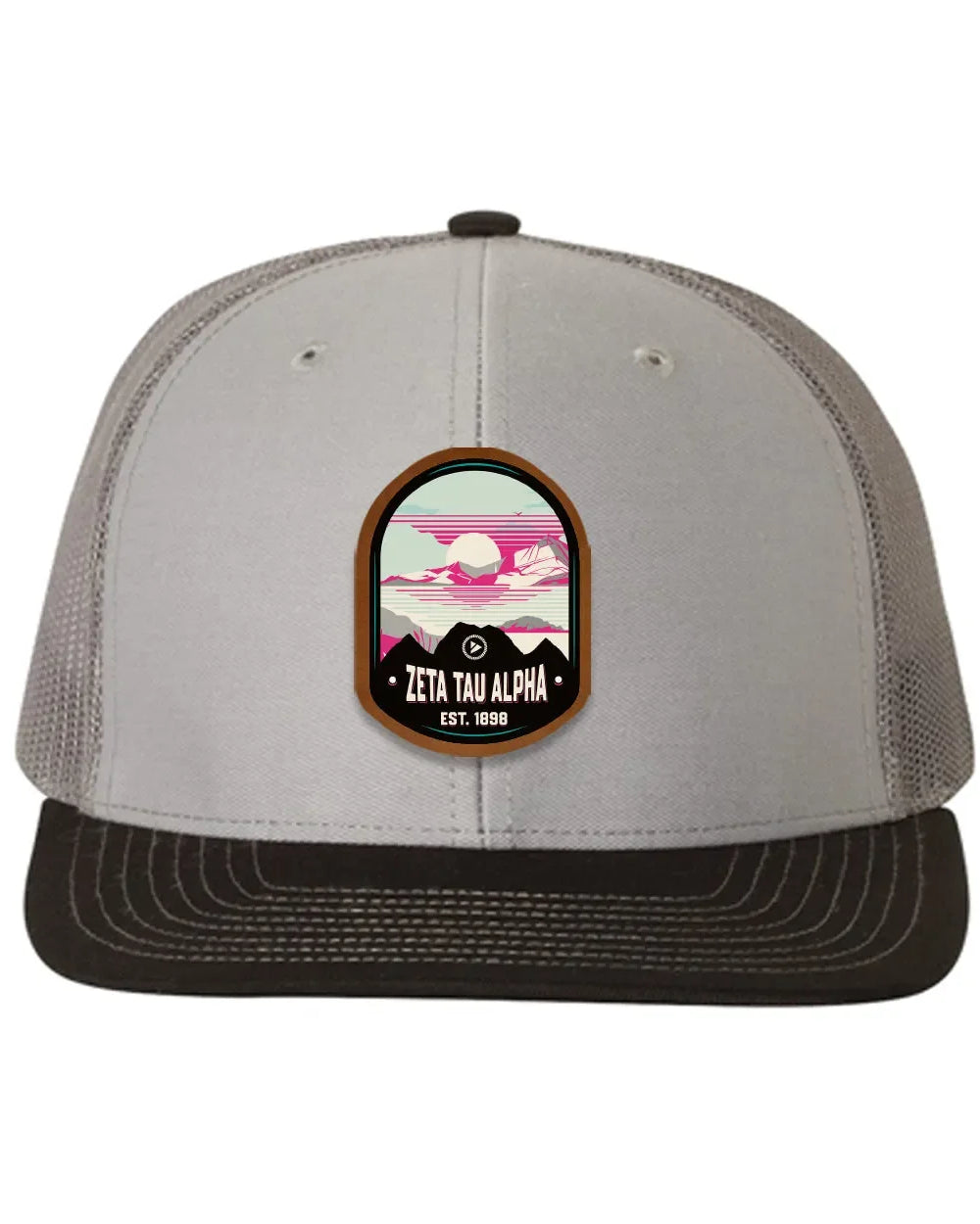 Zeta Tau Alpha Richardson 112 UV Print Leatherette Patch Trucker Hat - Ventura Gray Charcoal Black Trucker Hat