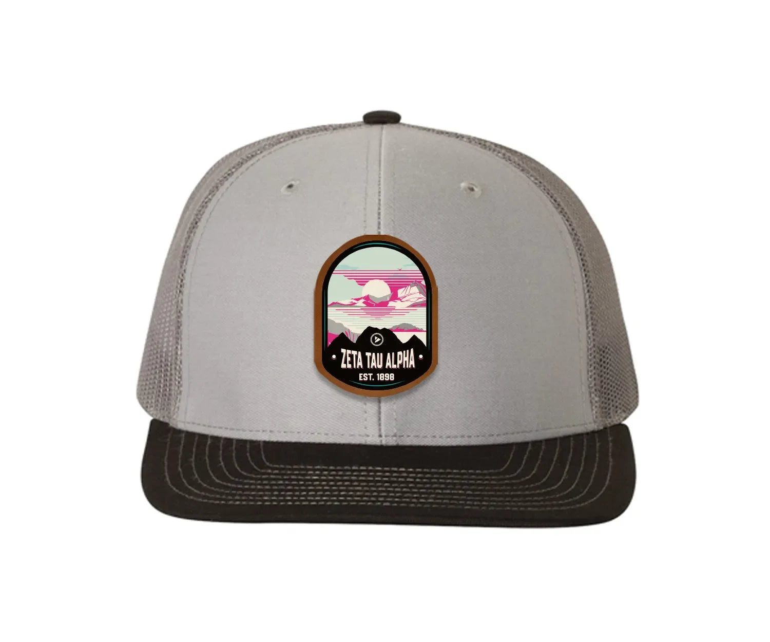 Zeta Tau Alpha Richardson 112 UV Print Leatherette Patch Trucker Hat - Ventura Gray Charcoal Black Trucker Hat
