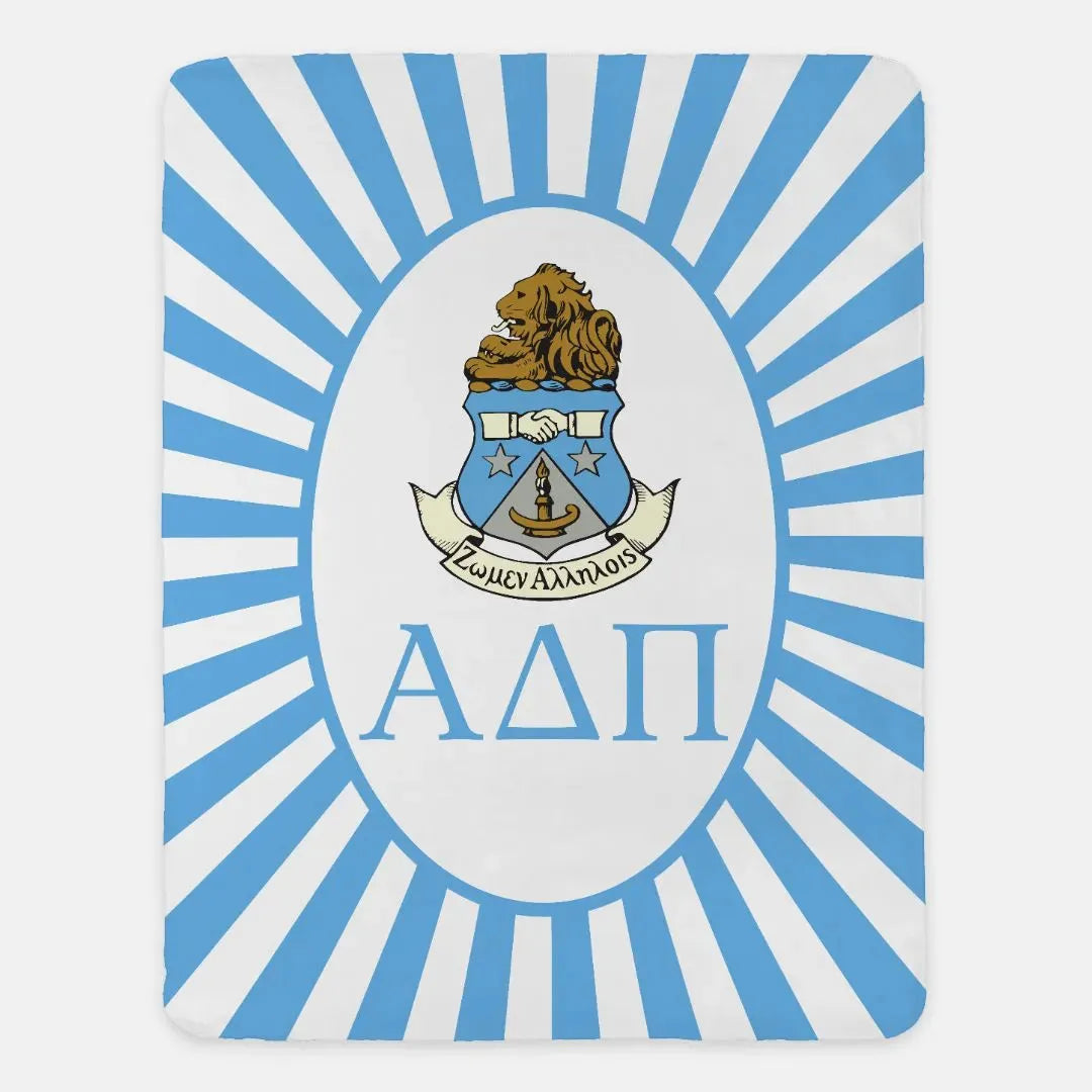Alpha Delta Pi XL 60x80 Sherpa Throw Blanket - Aldephean Blue Starburst Crest Throw Blankets