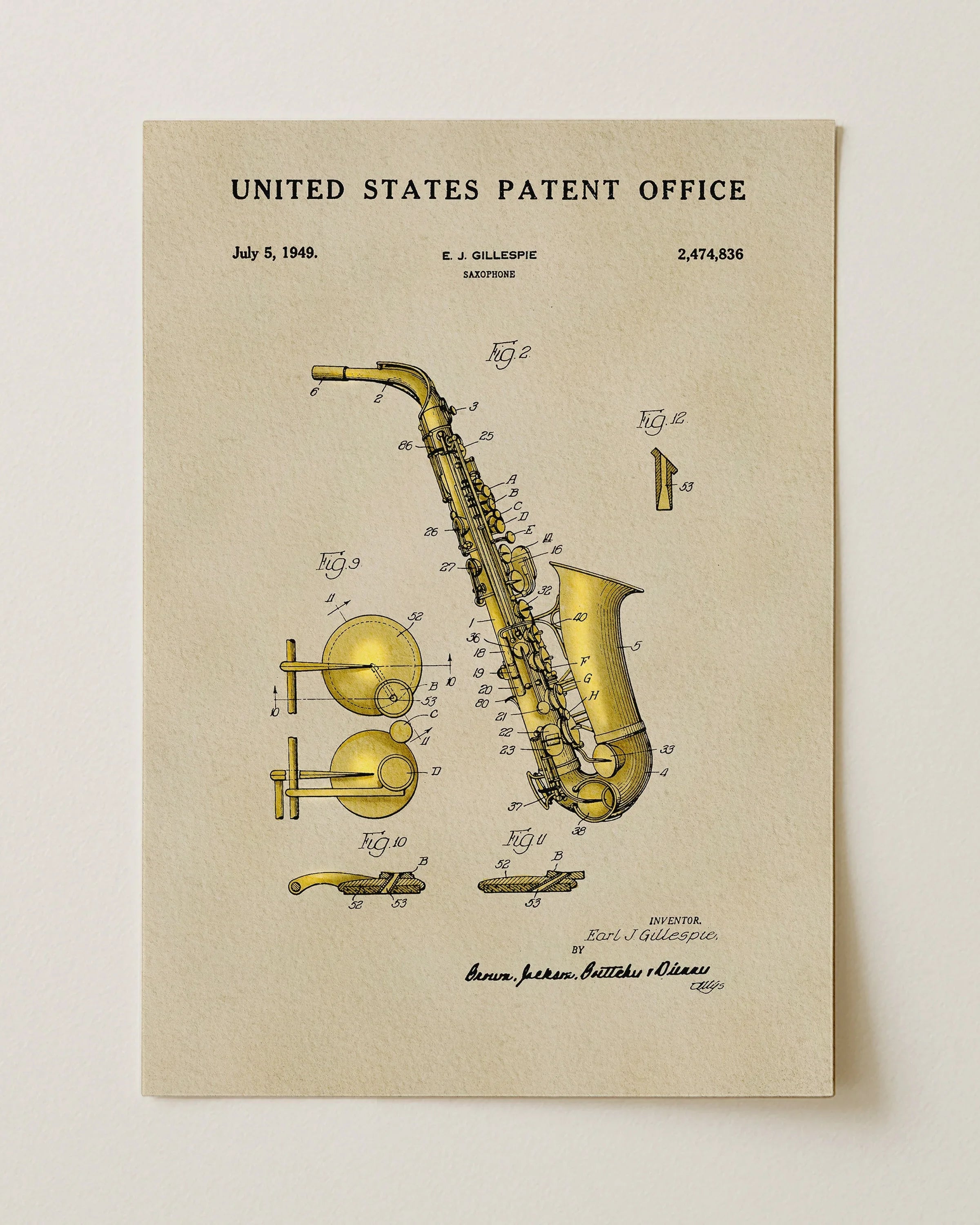 Saxophone US Patent Art Print | Music Themed Dorm Decor