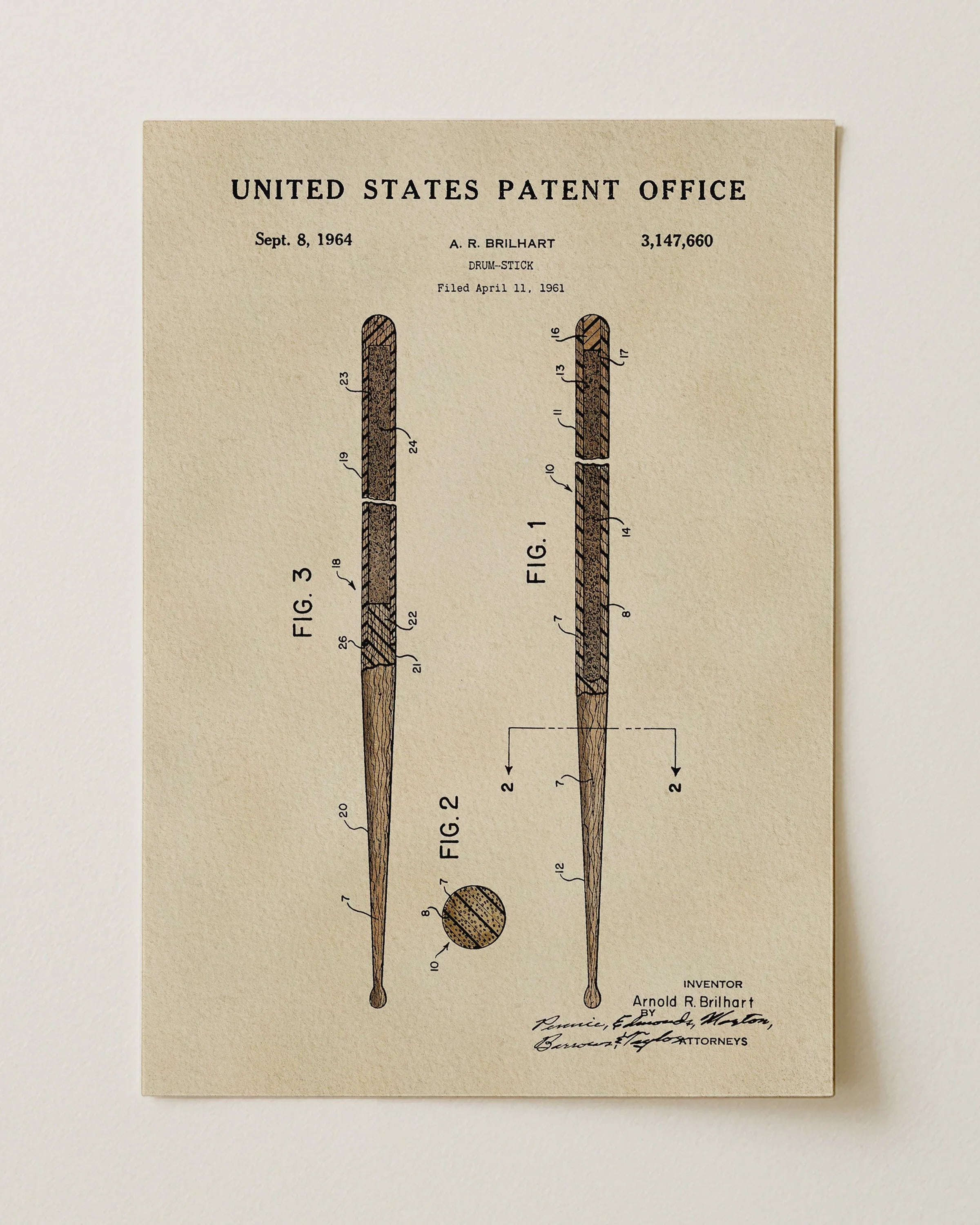 Drumsticks US Patent Art Print | Wall Art | Music Themed Dorm Decor