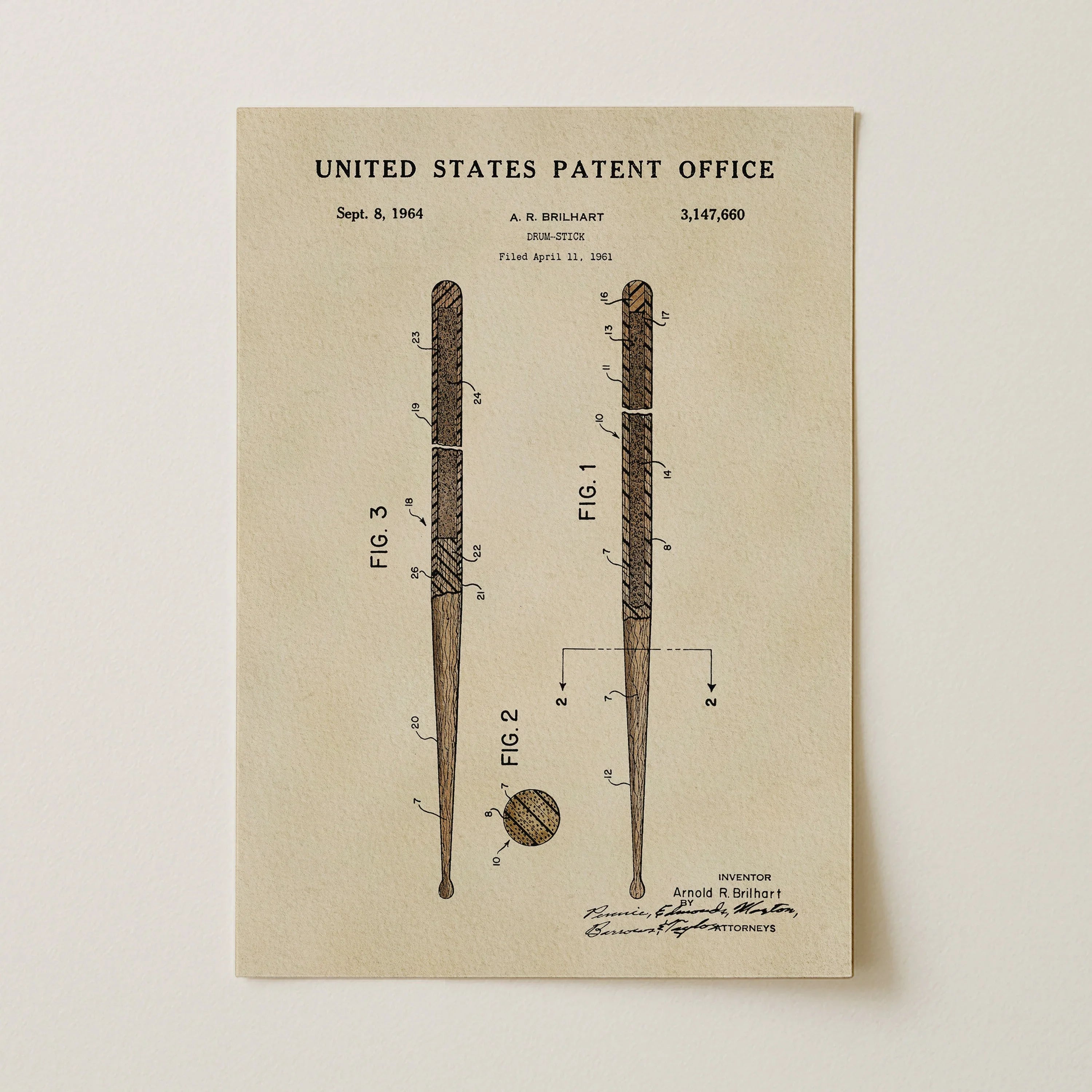 Drumsticks US Patent Art Print | Wall Art | Music Themed Dorm Decor