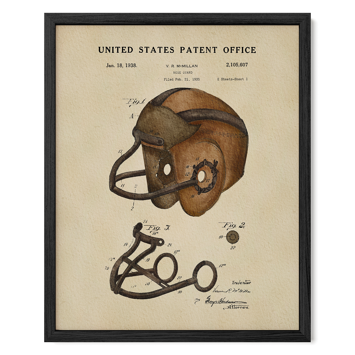 Vintage Football Helmet US Patent Art Print | Sports-Themed Dorm Decor | Campus Greek Fit