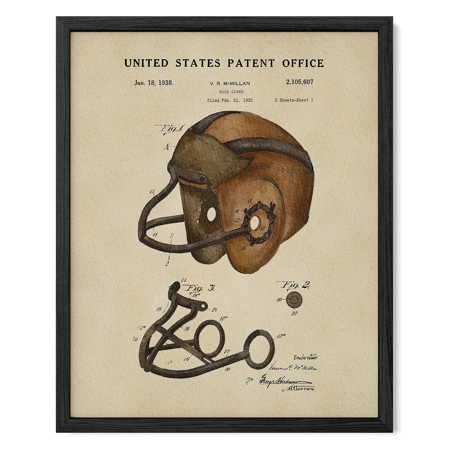 Vintage Football Helmet US Patent Art Print | Sports-Themed Dorm Decor | Campus Greek Fit