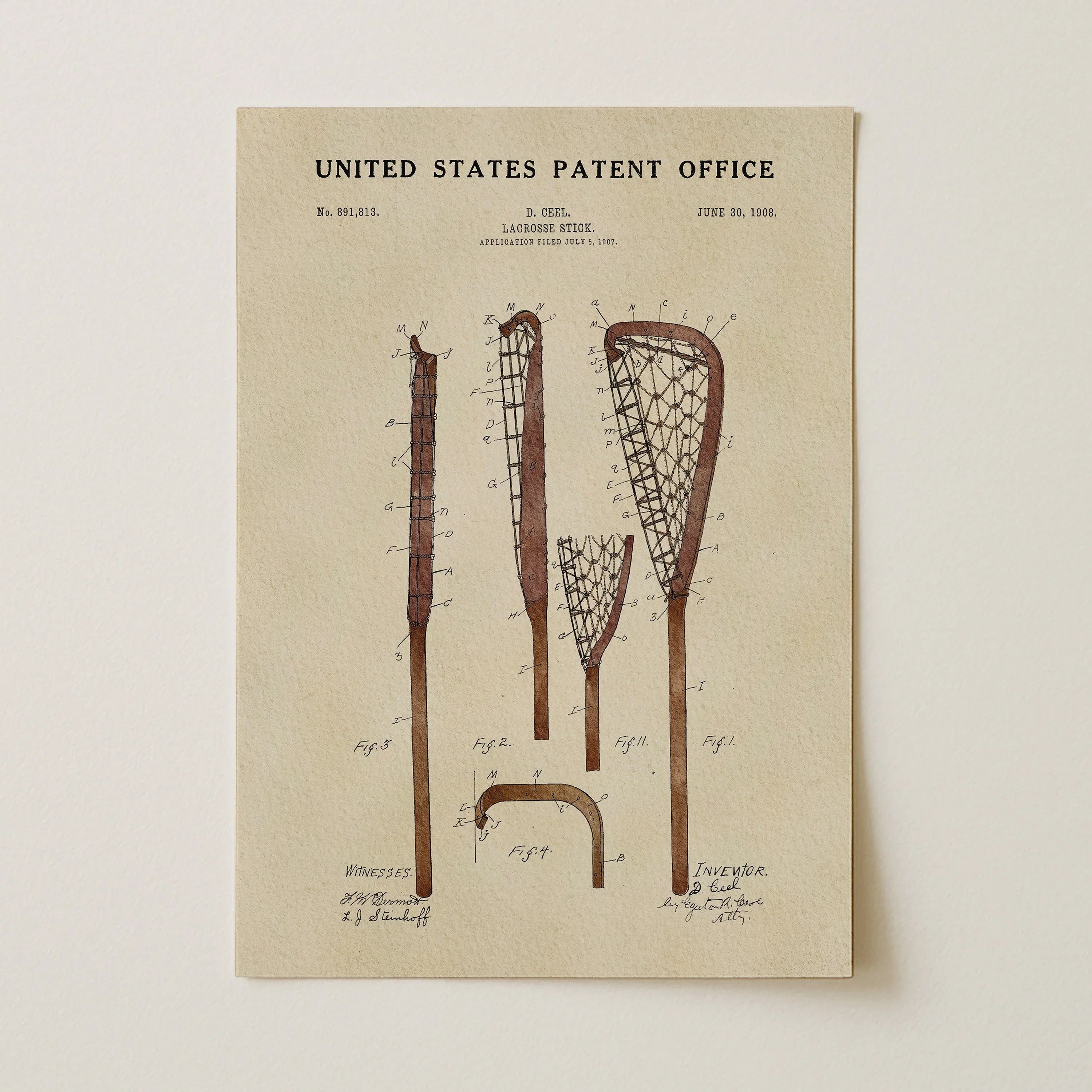 Original Lacrosse Stick US Patent Art Print | Sports-Themed Dorm Decor | Campus Greek Fit