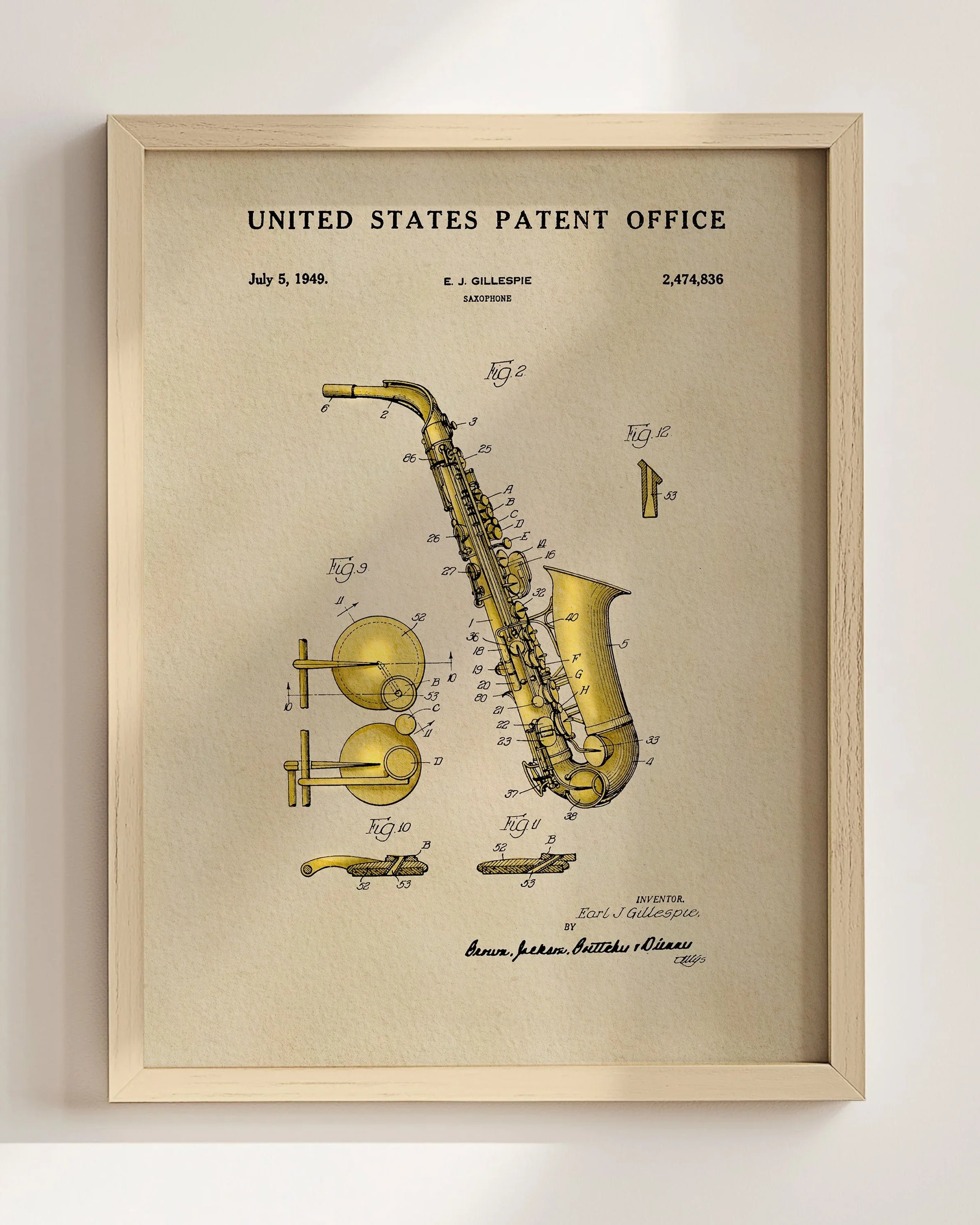 Saxophone US Patent Art Print | Music Themed Dorm Decor