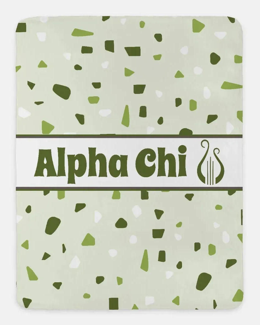Alpha Chi Omega XL 60x80 Sherpa Throw Blanket Olive Terrazzo Pattern Throw Blankets
