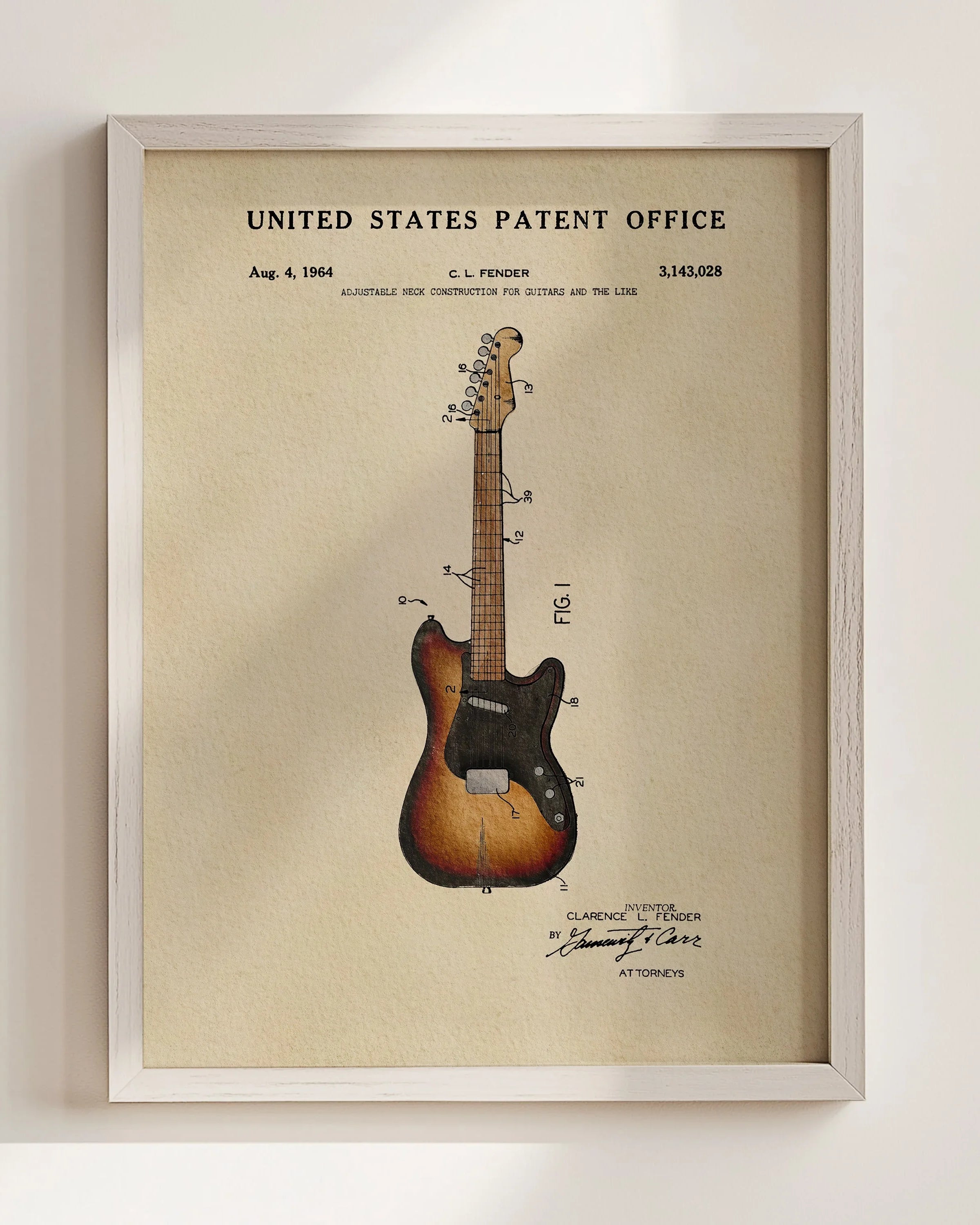 Fender Stratocaster Patent Art Print | Dorm Decor for Music Lovers