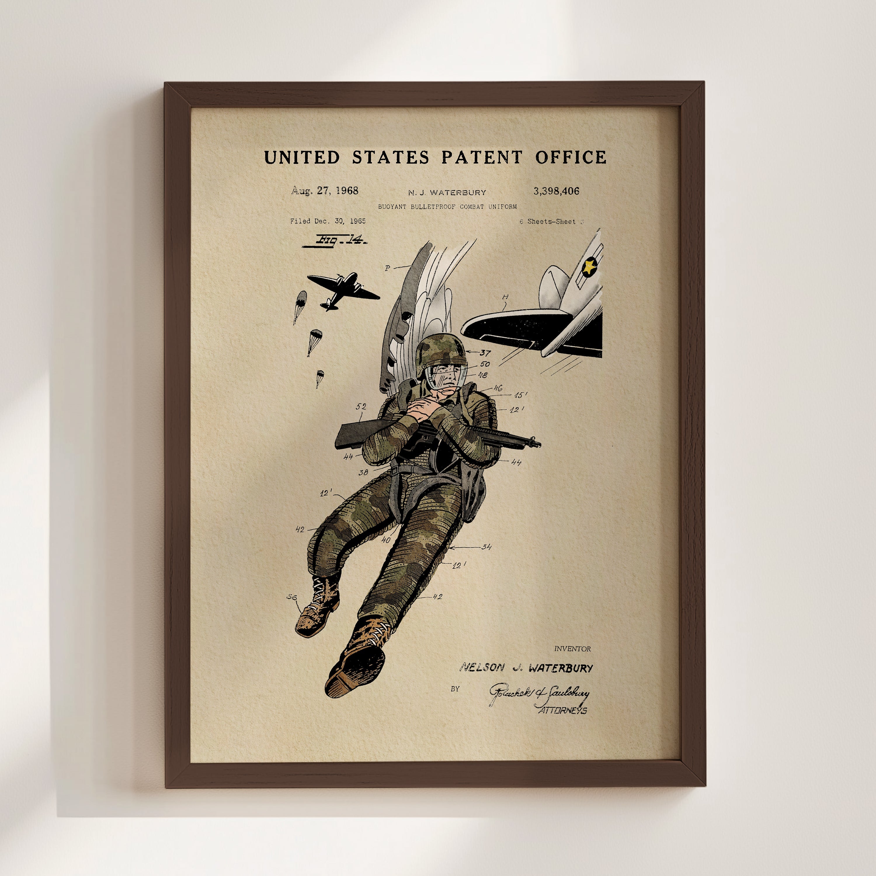 Combat Suit US Patent Art Print | Patriotic Decor | Vintage Style Wall Art | Campus Greek Fit