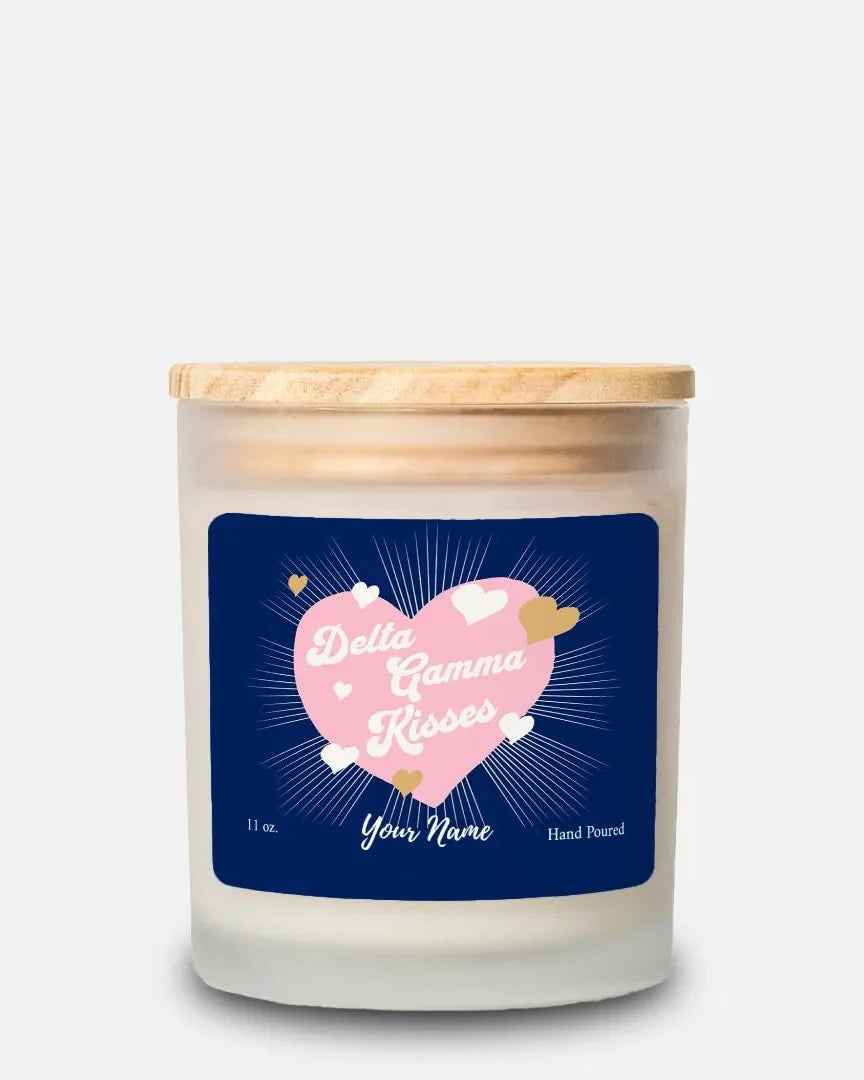 Personalized Delta Gamma Kisses Frosted Glass Candle (Hand Poured 11 oz) Candles