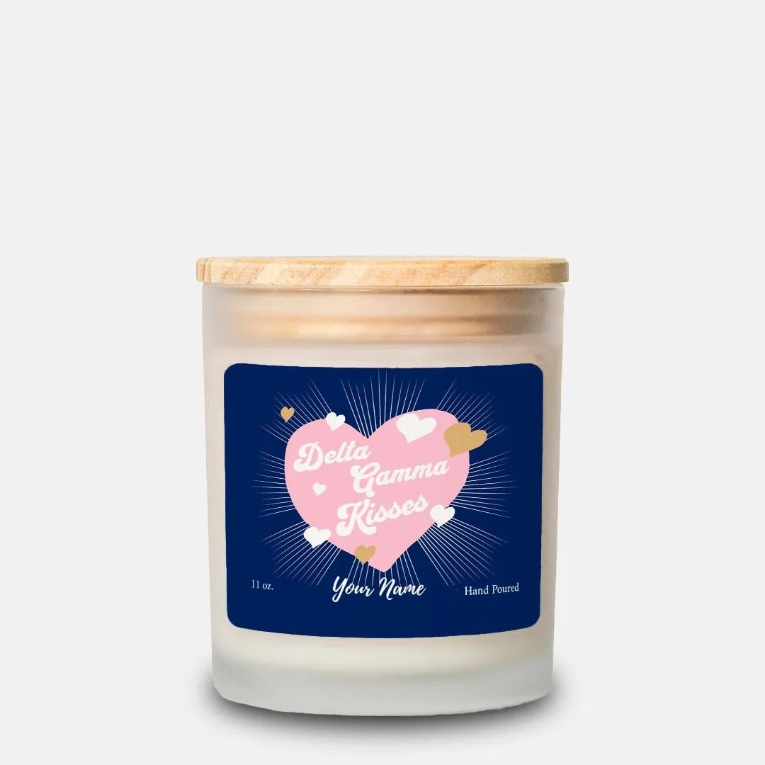 Personalized Delta Gamma Kisses Frosted Glass Candle (Hand Poured 11 oz) Candles