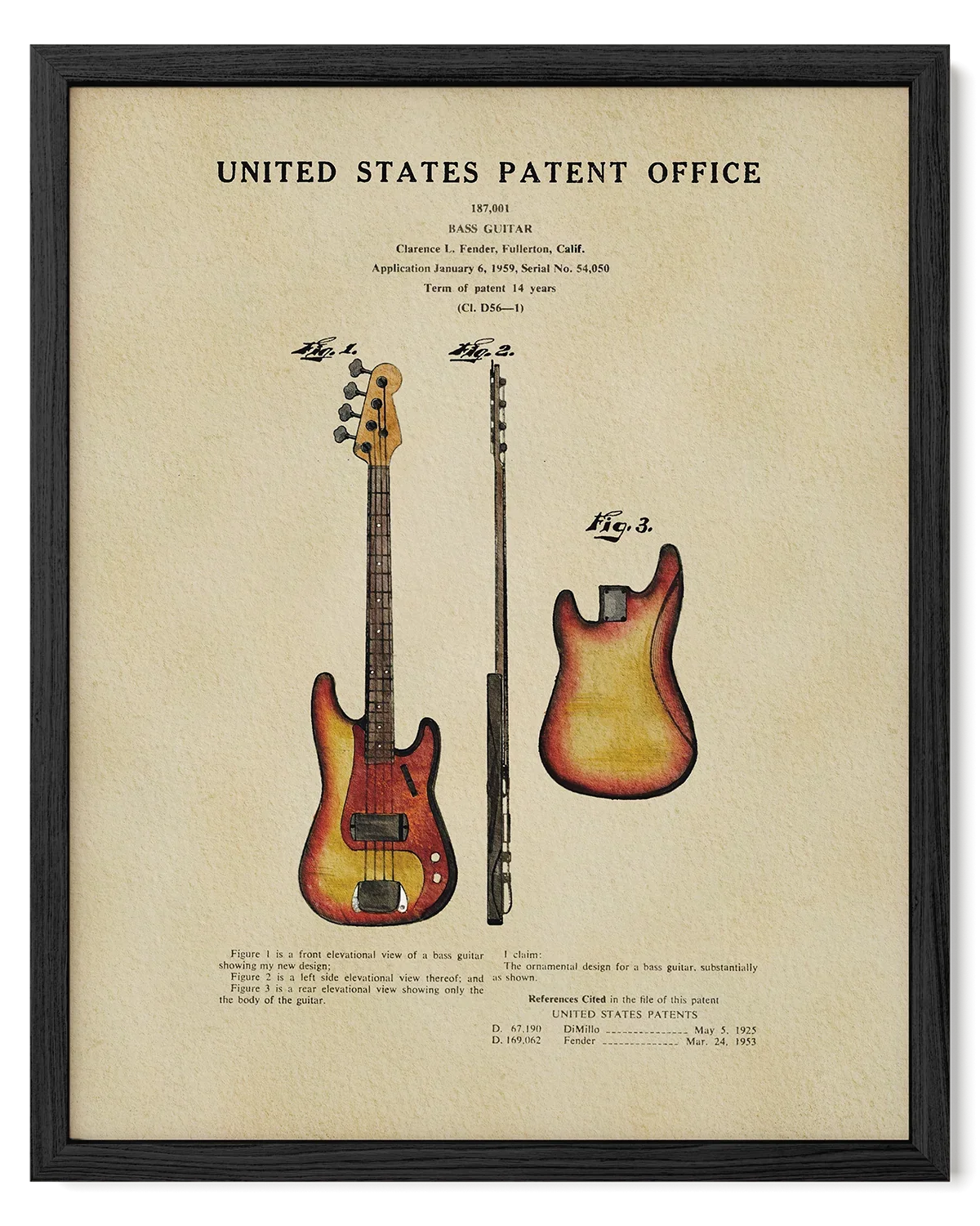 Fender Bass Guitar US Patent Art Print | Music-Themed Dorm Decor
