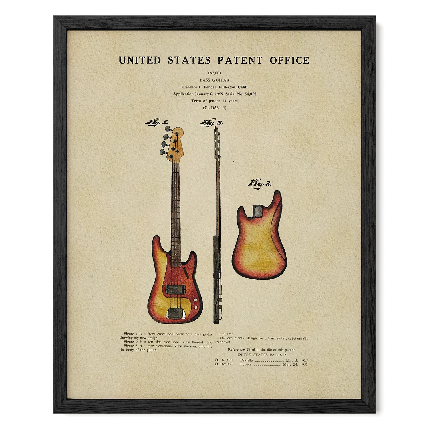 Fender Bass Guitar US Patent Art Print | Music-Themed Dorm Decor