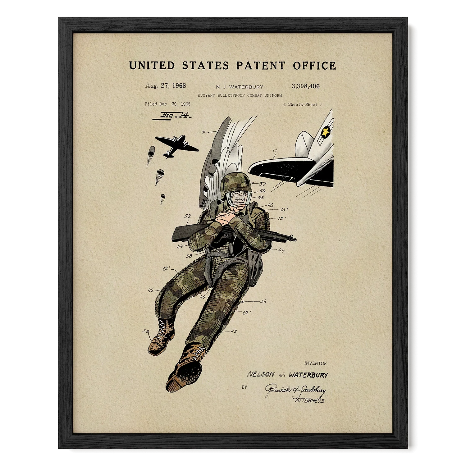 Combat Suit US Patent Art Print | Patriotic Decor | Vintage Style Wall Art | Campus Greek Fit