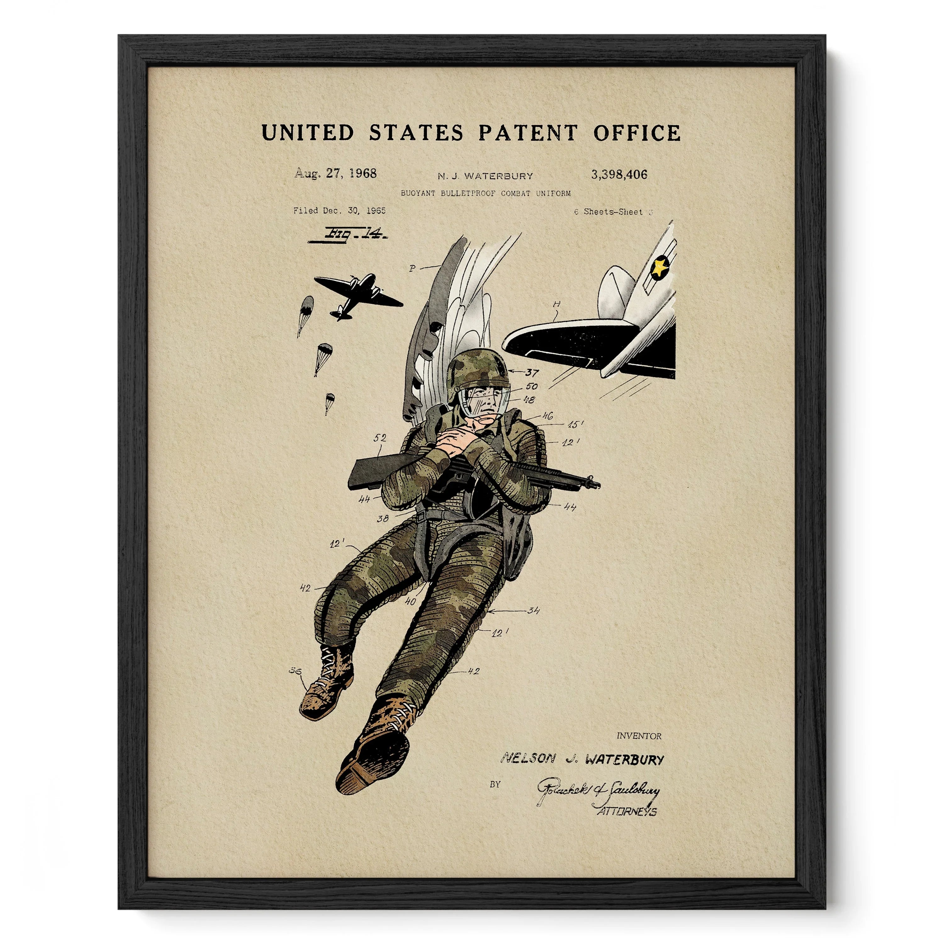 Combat Suit US Patent Art Print | Patriotic Decor | Vintage Style Wall Art | Campus Greek Fit