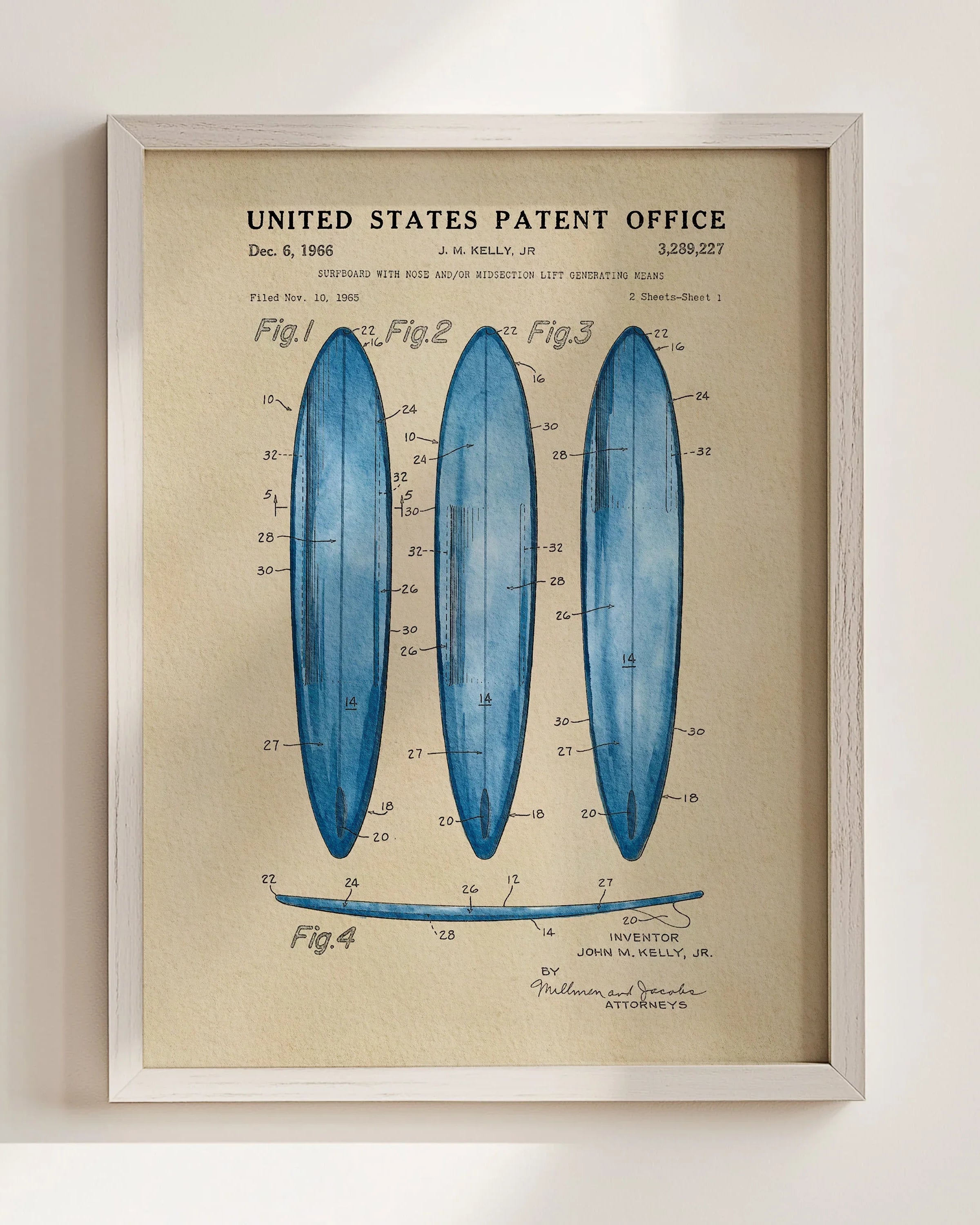 Surfboard US Patent Art Print - Blue | Coastal-Themed Dorm Decor | Campus Greek Fit