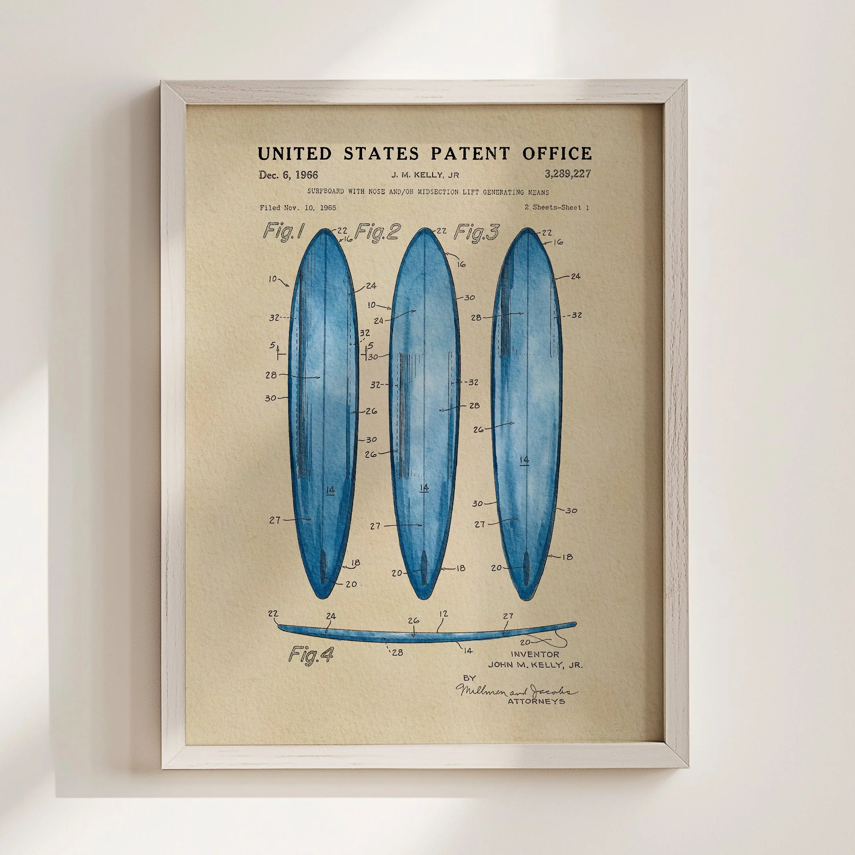 Surfboard US Patent Art Print - Blue | Coastal-Themed Dorm Decor | Campus Greek Fit