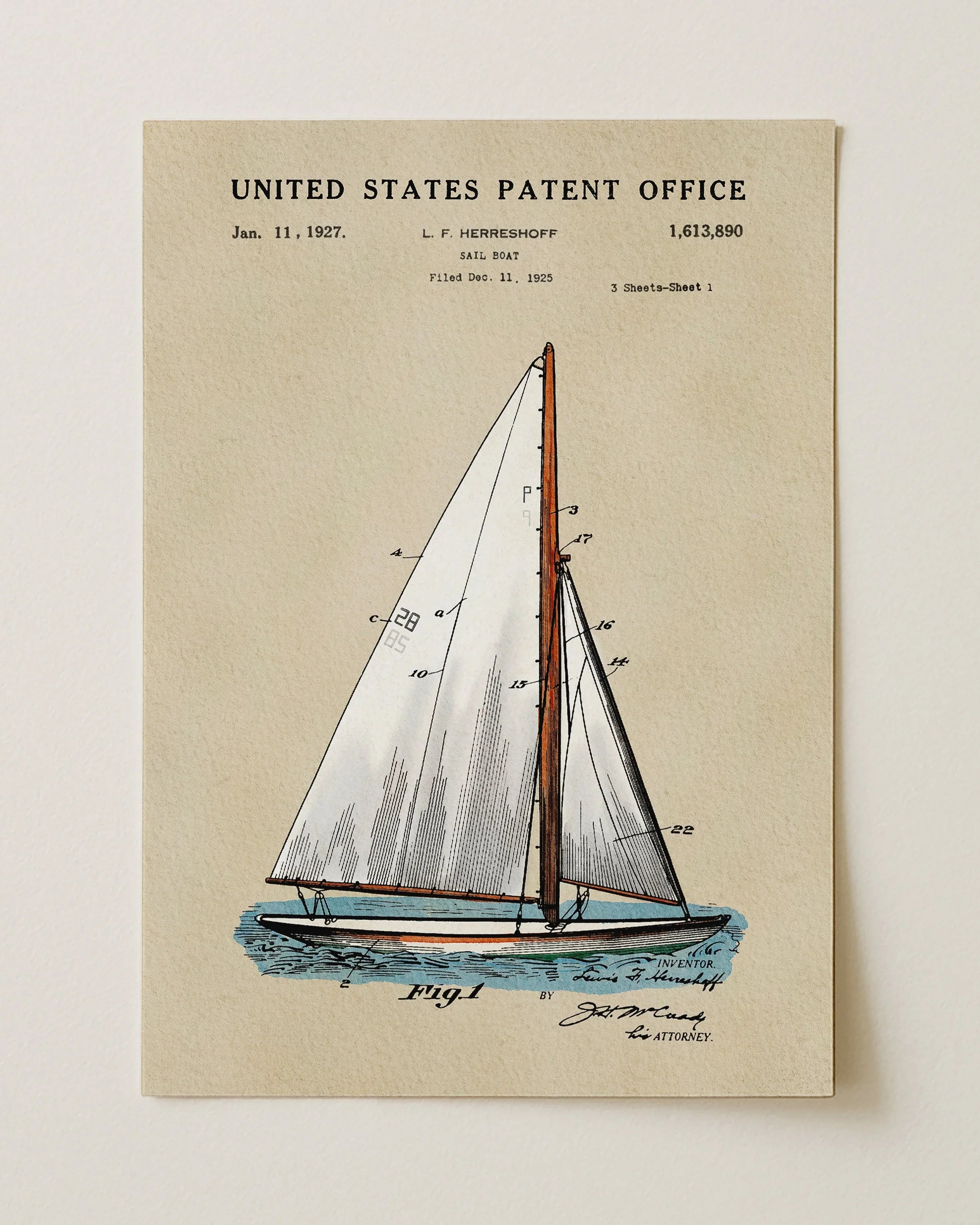 Herreshoff Sailboat US Patent Art Print | Nautical Coastal Dorm Decor
