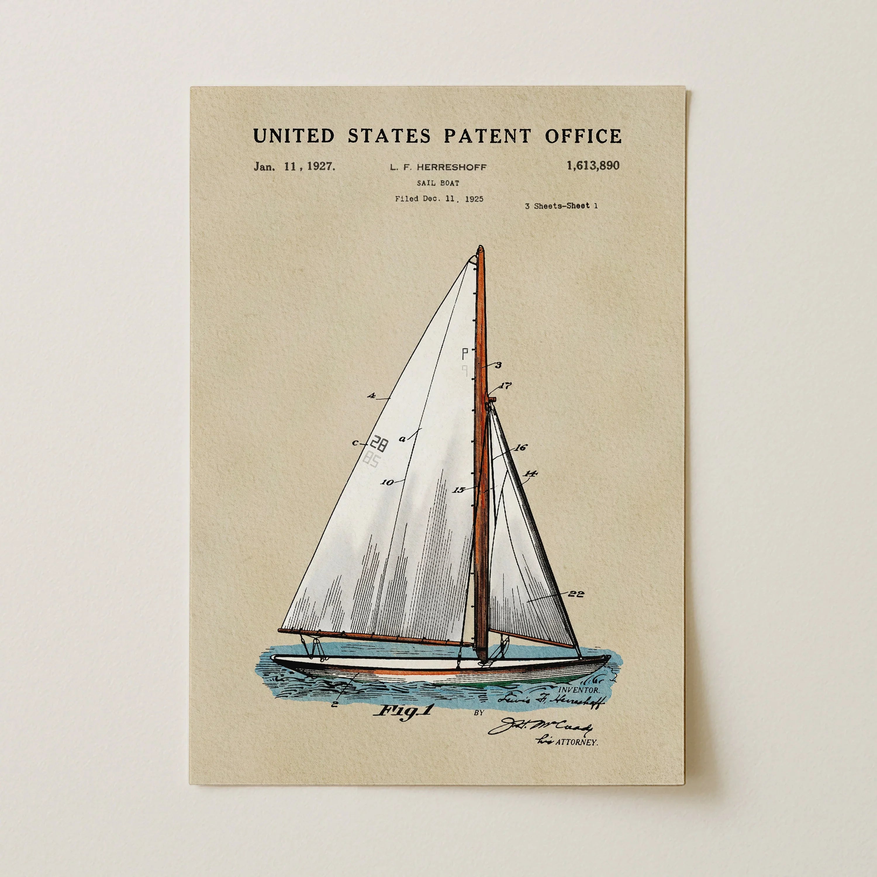 Herreshoff Sailboat US Patent Art Print | Nautical Coastal Dorm Decor