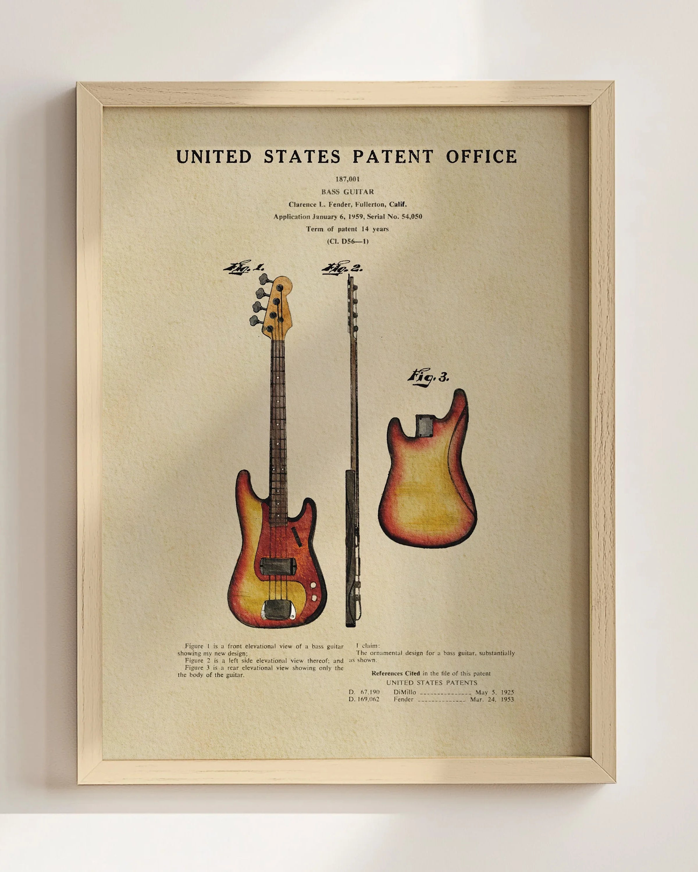 Fender Bass Guitar US Patent Art Print | Music-Themed Dorm Decor