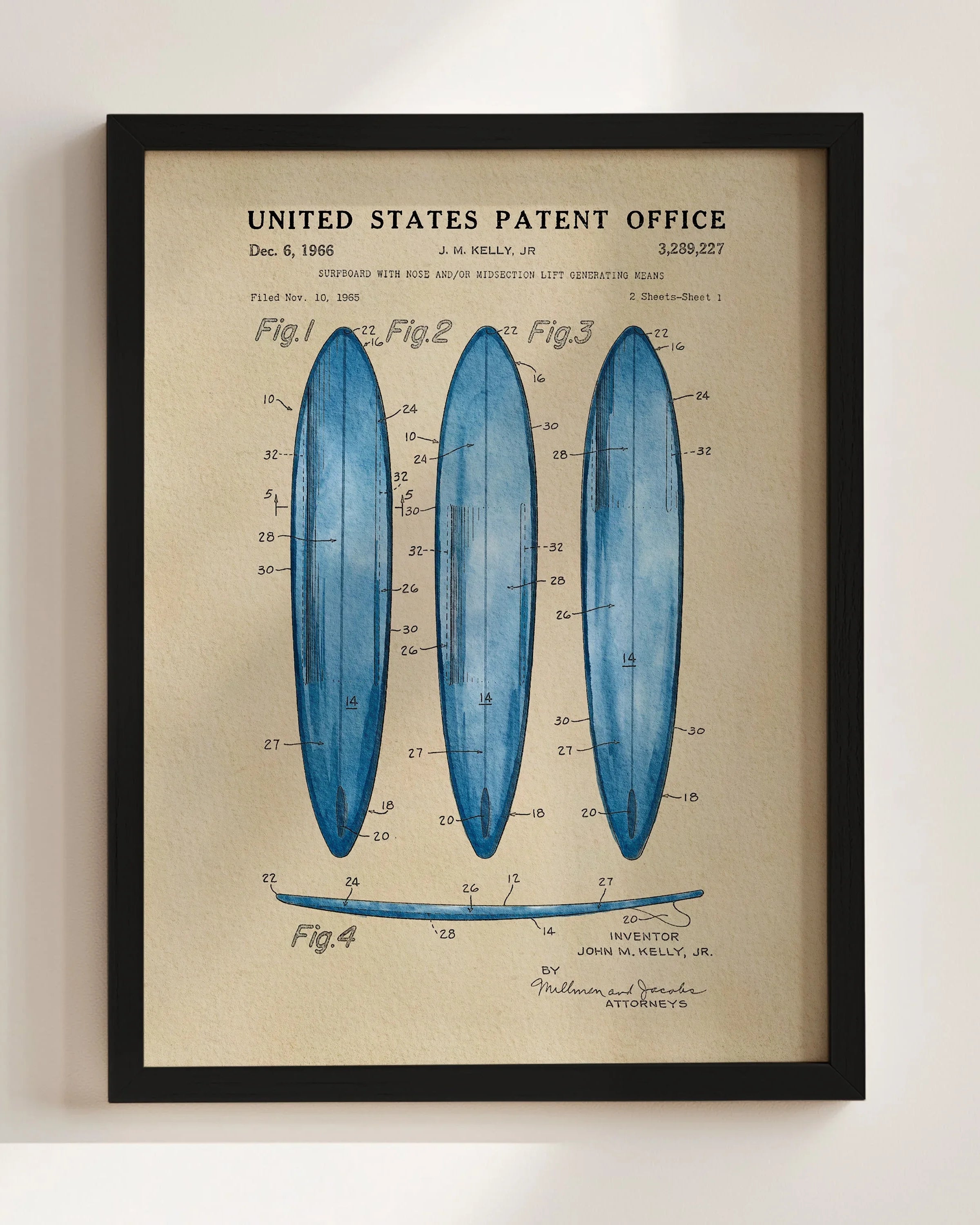 Surfboard US Patent Art Print - Blue | Coastal-Themed Dorm Decor | Campus Greek Fit