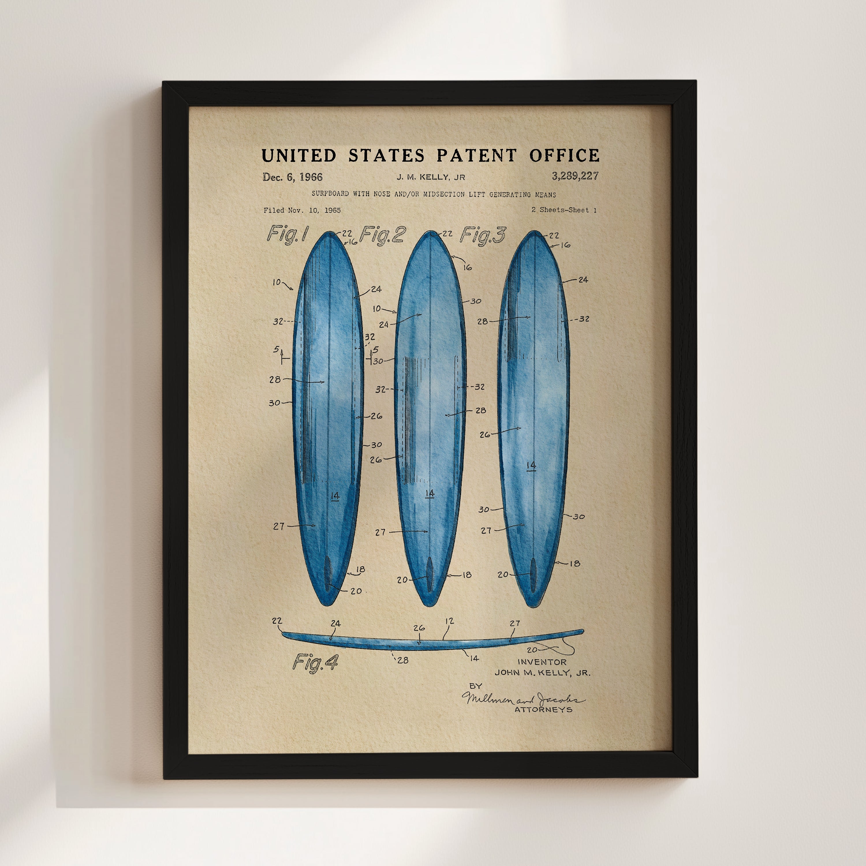 Surfboard US Patent Art Print - Blue | Coastal-Themed Dorm Decor | Campus Greek Fit