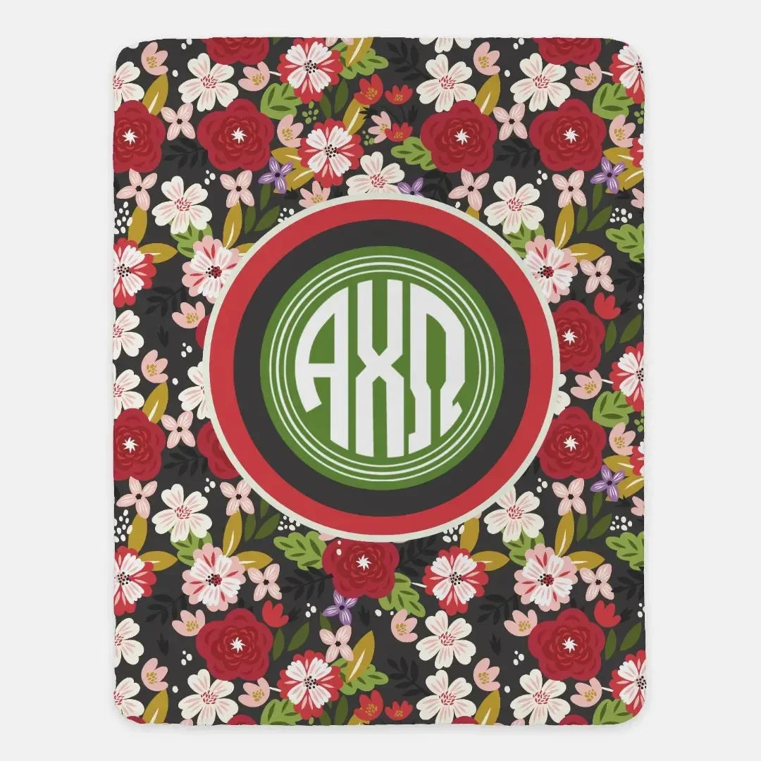 Alpha Chi Omega XL 60x80 Sherpa Blanket - Modern Floral Monogram Throw Blankets