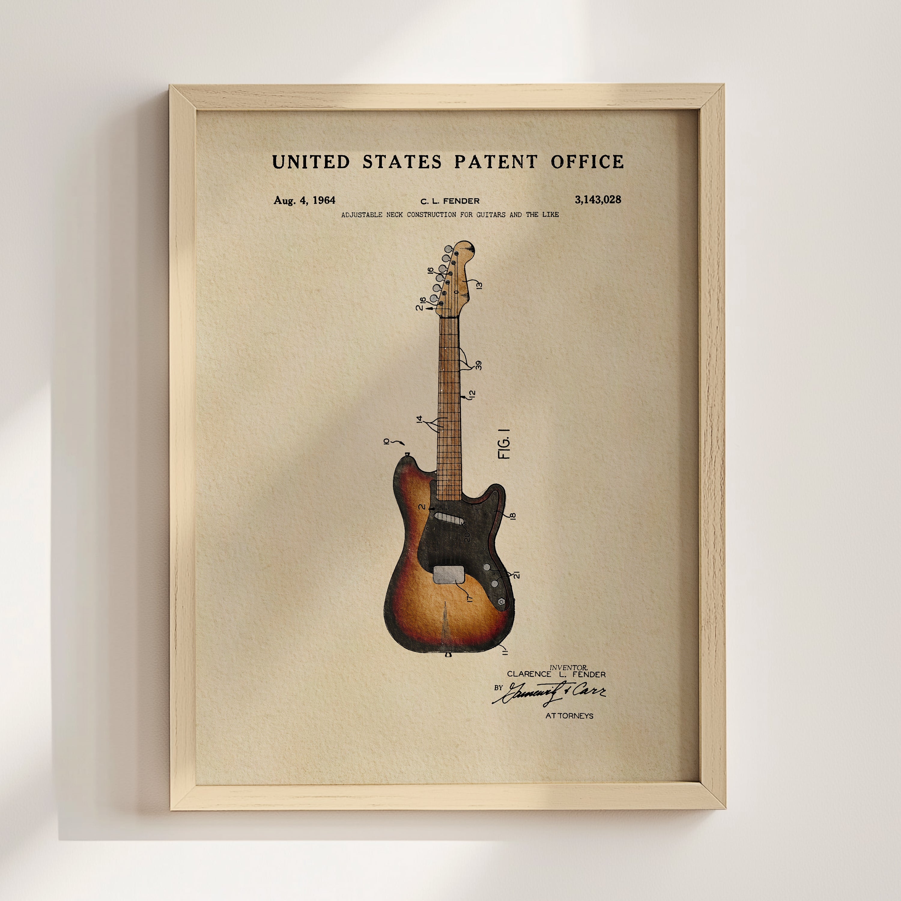 Fender Stratocaster Patent Art Print | Dorm Decor for Music Lovers
