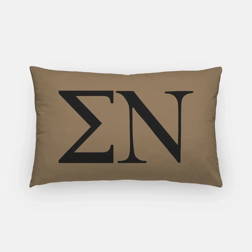 Sigma Nu Lumbar Pillow Cover - Greek Letters Tan Black Pillow Covers