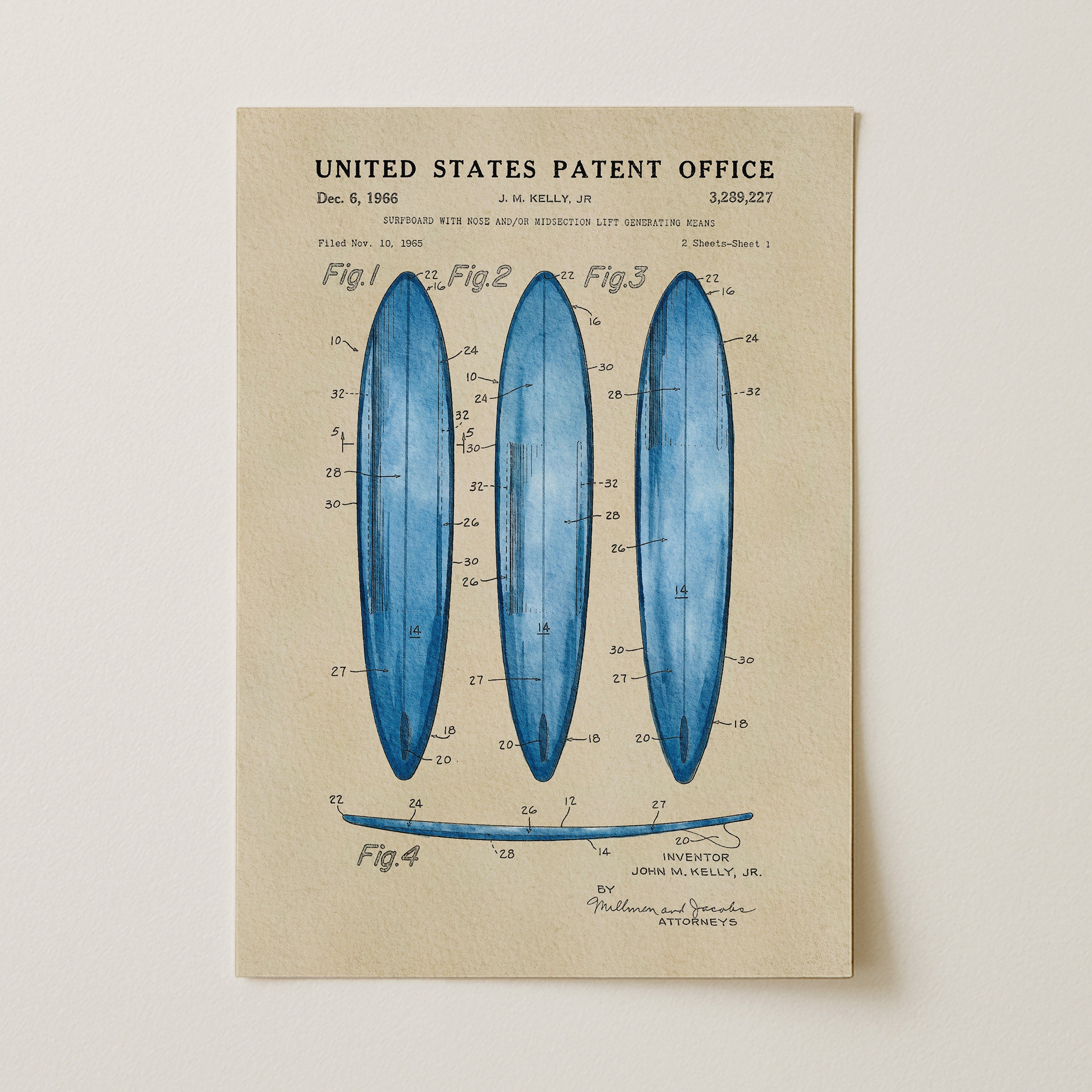 Surfboard US Patent Art Print - Blue | Coastal-Themed Dorm Decor | Campus Greek Fit