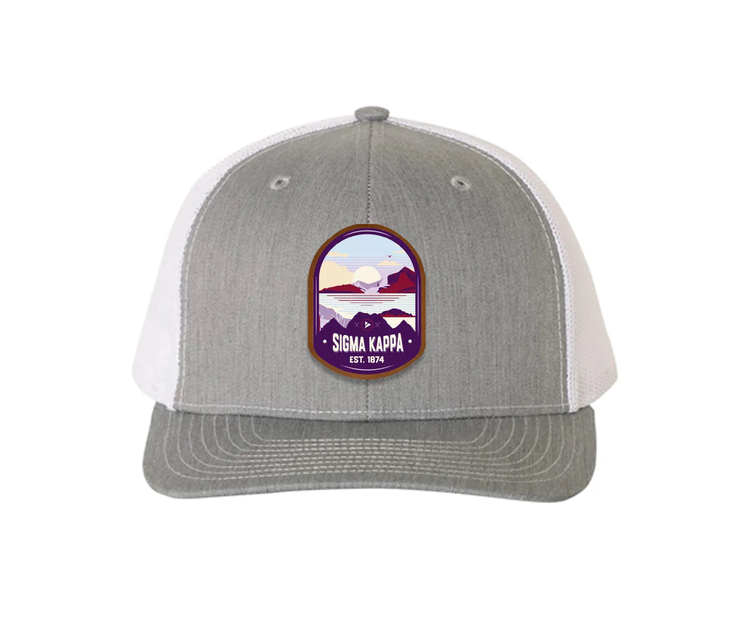 Sigma Kappa Richardson 112 UV Print Leatherette Patch Trucker Hat - Ventura Heather Gray White Trucker Hat