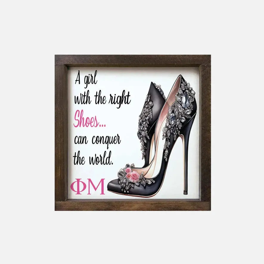 Phi Mu 12x12 Wood Framed Sign - The Right Shoes Walnut Stain Wall Art & Signs