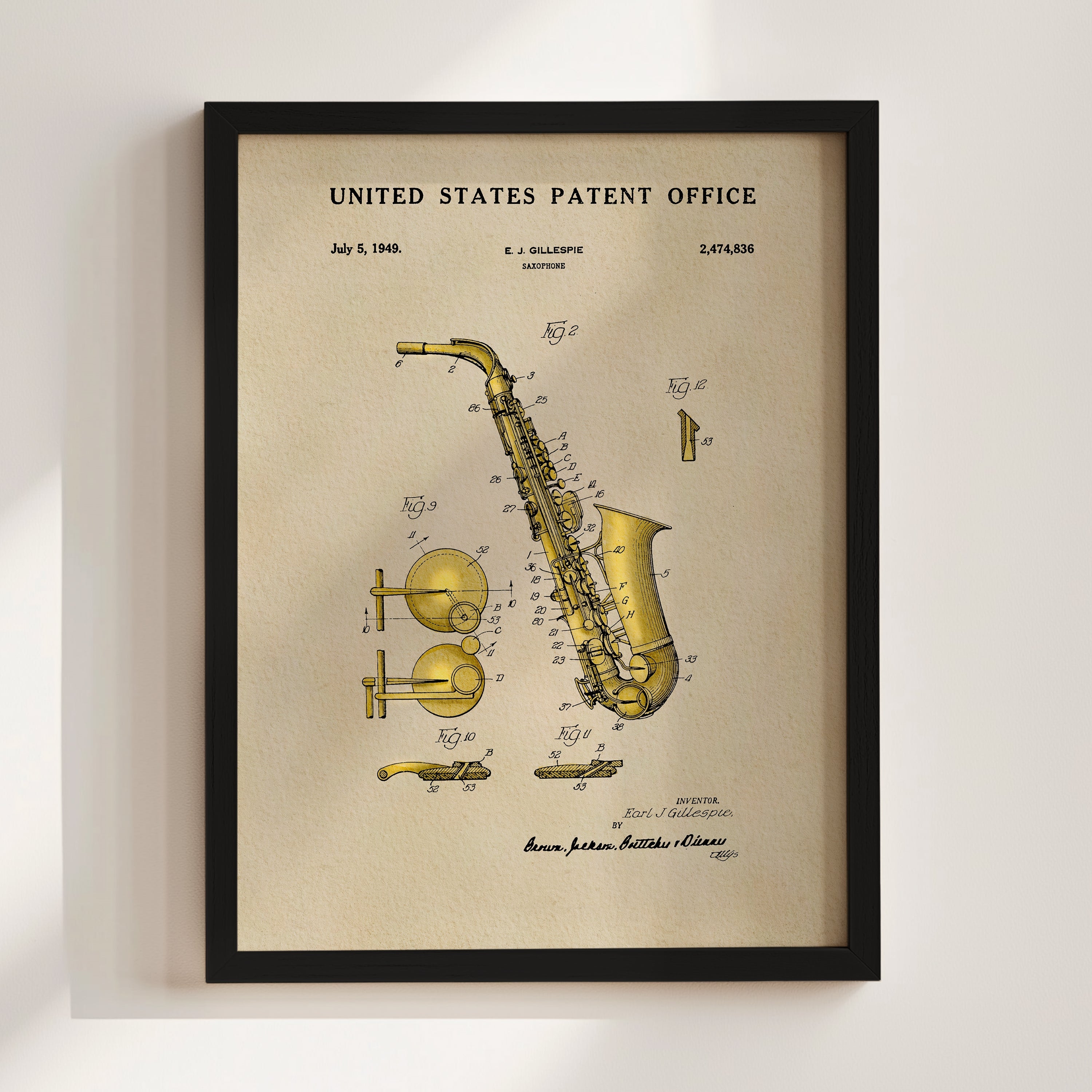 Saxophone US Patent Art Print | Music Themed Dorm Decor
