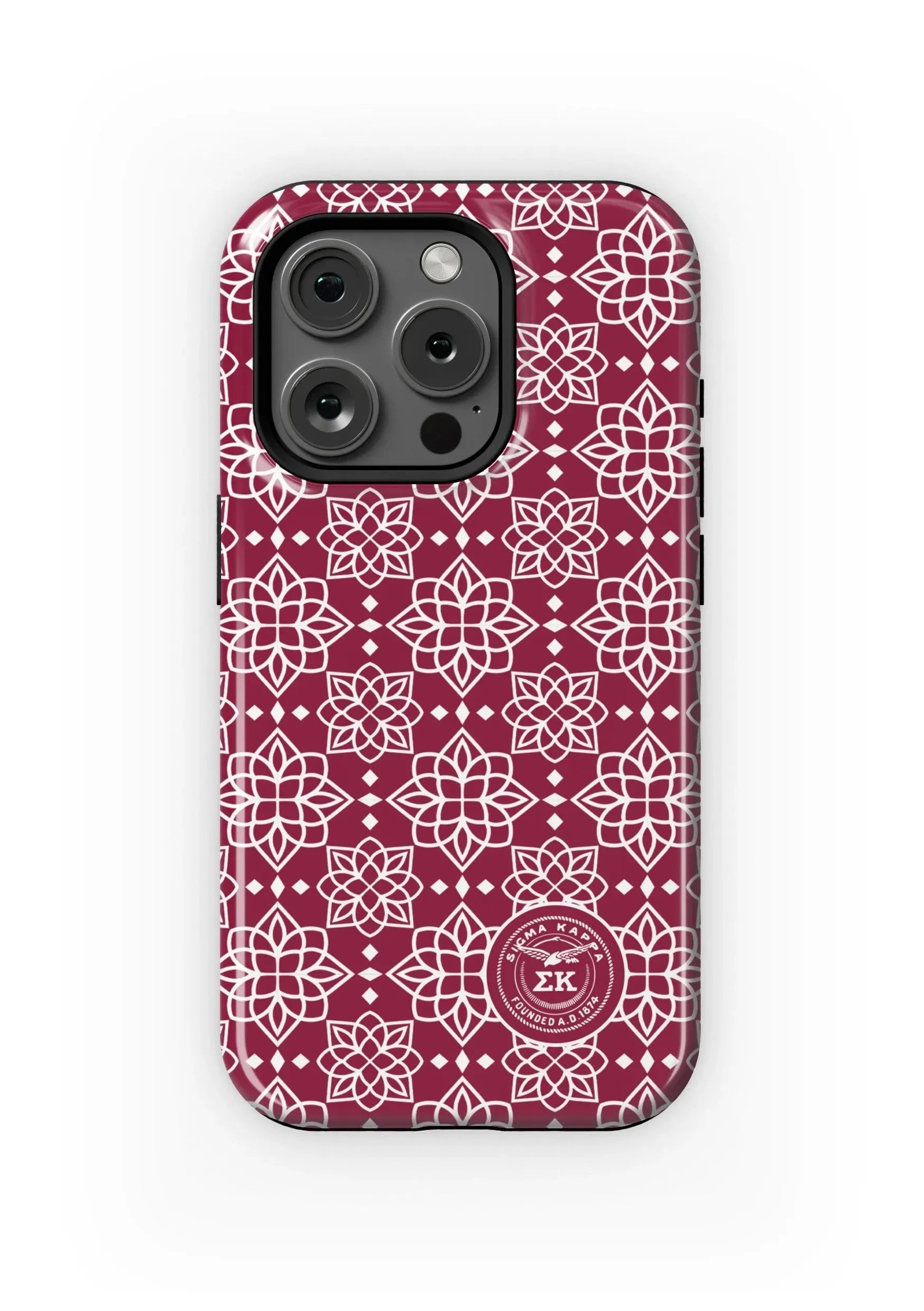 Sigma Kappa iPhone 16, 15, 14 Mobile Phone Case - Maroon Ornate Gloss Mobile Phone Cases