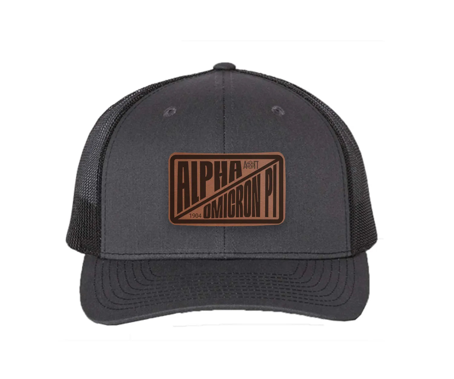 Alpha Omicron Pi Richardson 112 Leatherette Patch Trucker Hat - Divide Charcoal Black Trucker Hat