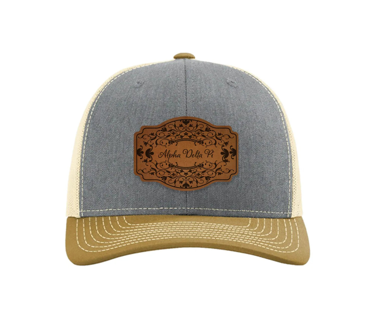 Alpha Delta Pi Richardson 112 Leatherette Patch Trucker Hat - Scroll Heather Gray Birch Amber Gold Trucker Hat