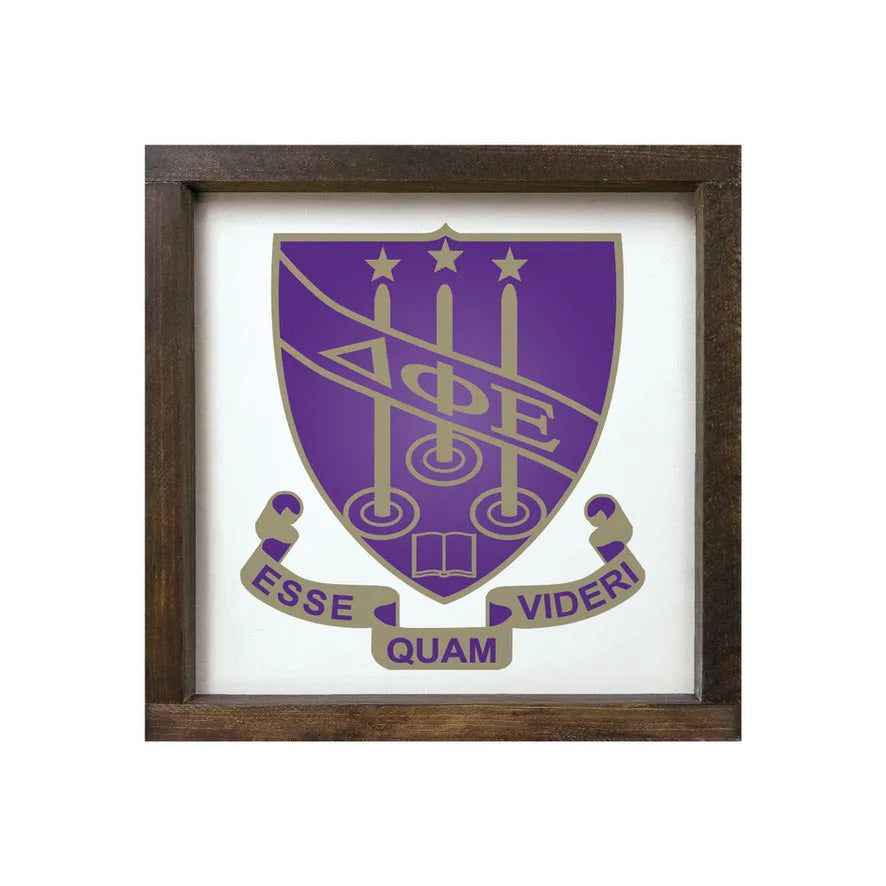 Delta Phi Epsilon 12x12 Wood Framed Sign - Crest Walnut Stain Wall Art & Signs