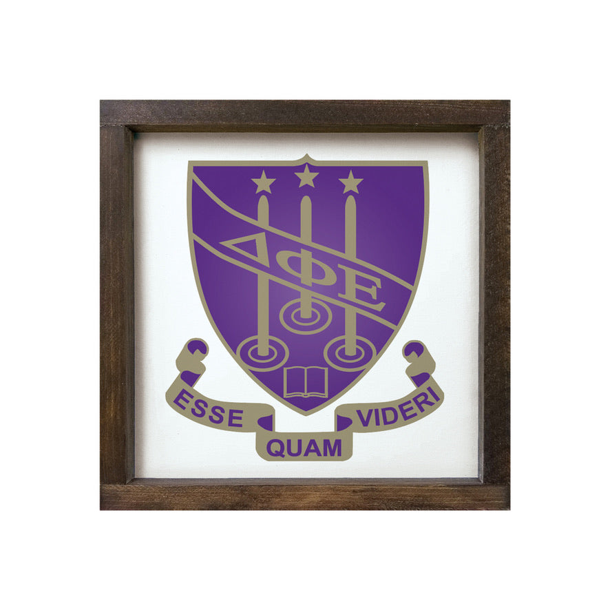 Delta Phi Epsilon 12x12 Wood Framed Sign - Crest | Custom DPHIE Gifts