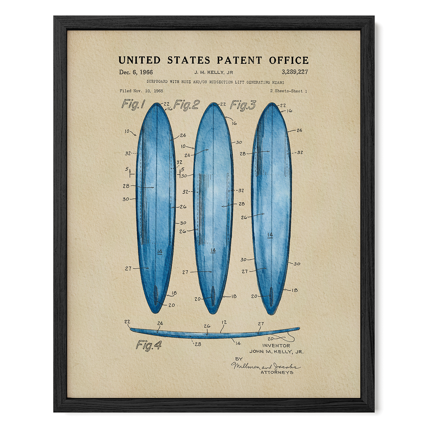 Surfboard US Patent Art Print - Blue | Coastal-Themed Dorm Decor | Campus Greek Fit