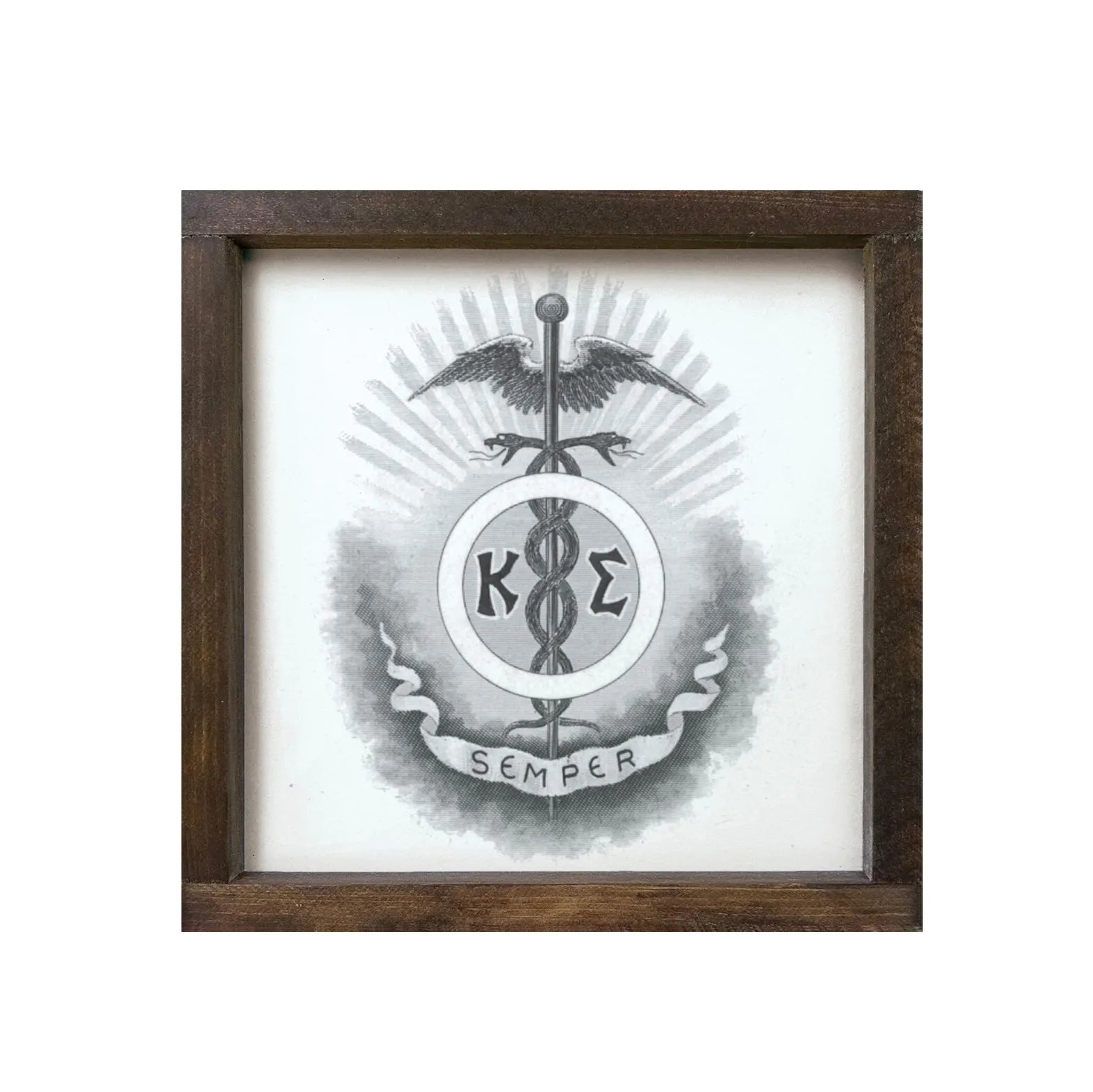 Kappa Sigma 12x12 Wood Framed Sign -Caduceaus Walnut Stain Wall Art & Signs